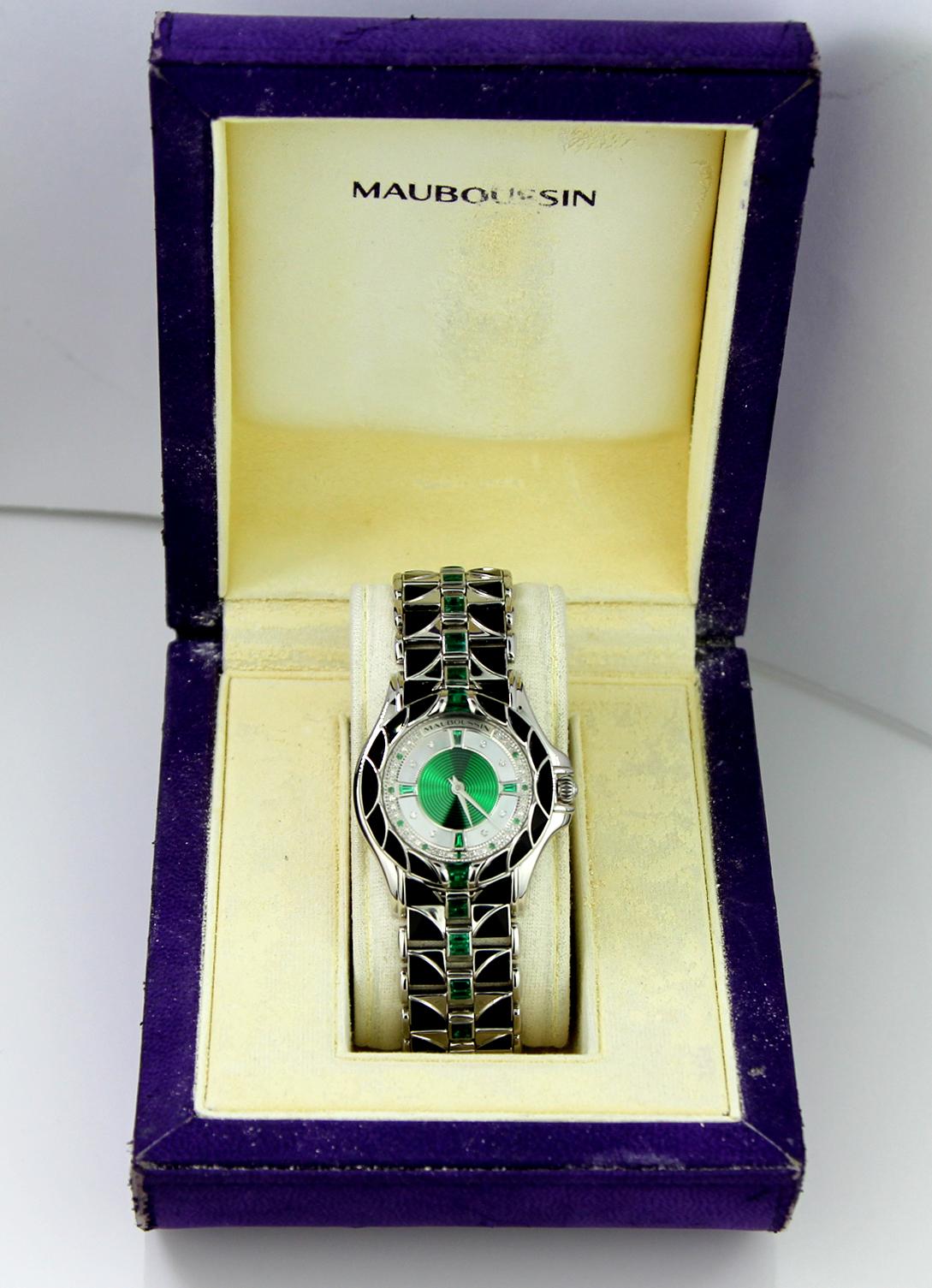 Vintage/Retro Mauboussin Watch, Diamond & Emerald in 18-K White Gold, Automatic In Excellent Condition In London, GB