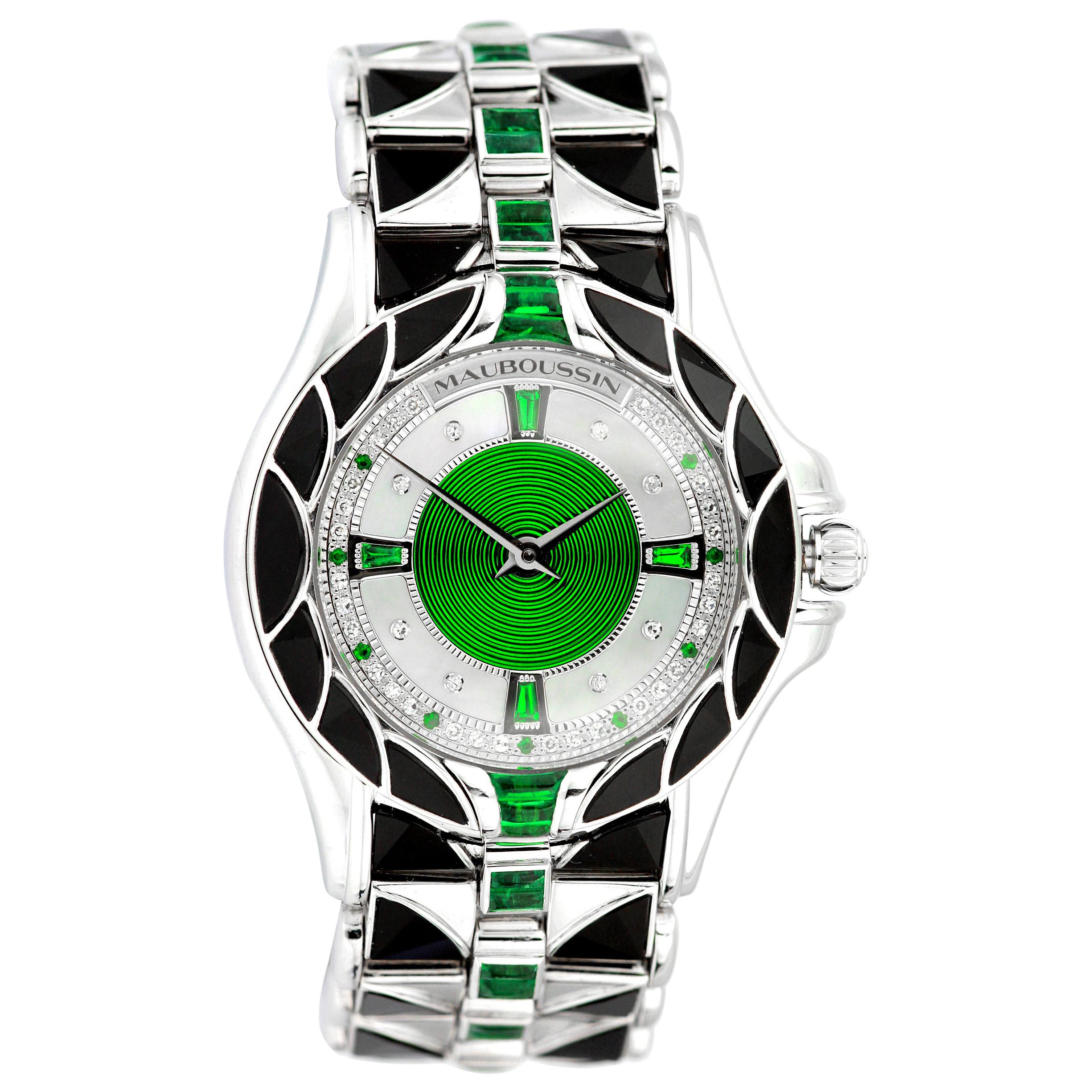 Vintage/Retro Mauboussin Watch, Diamond & Emerald in 18-K White Gold, Automatic