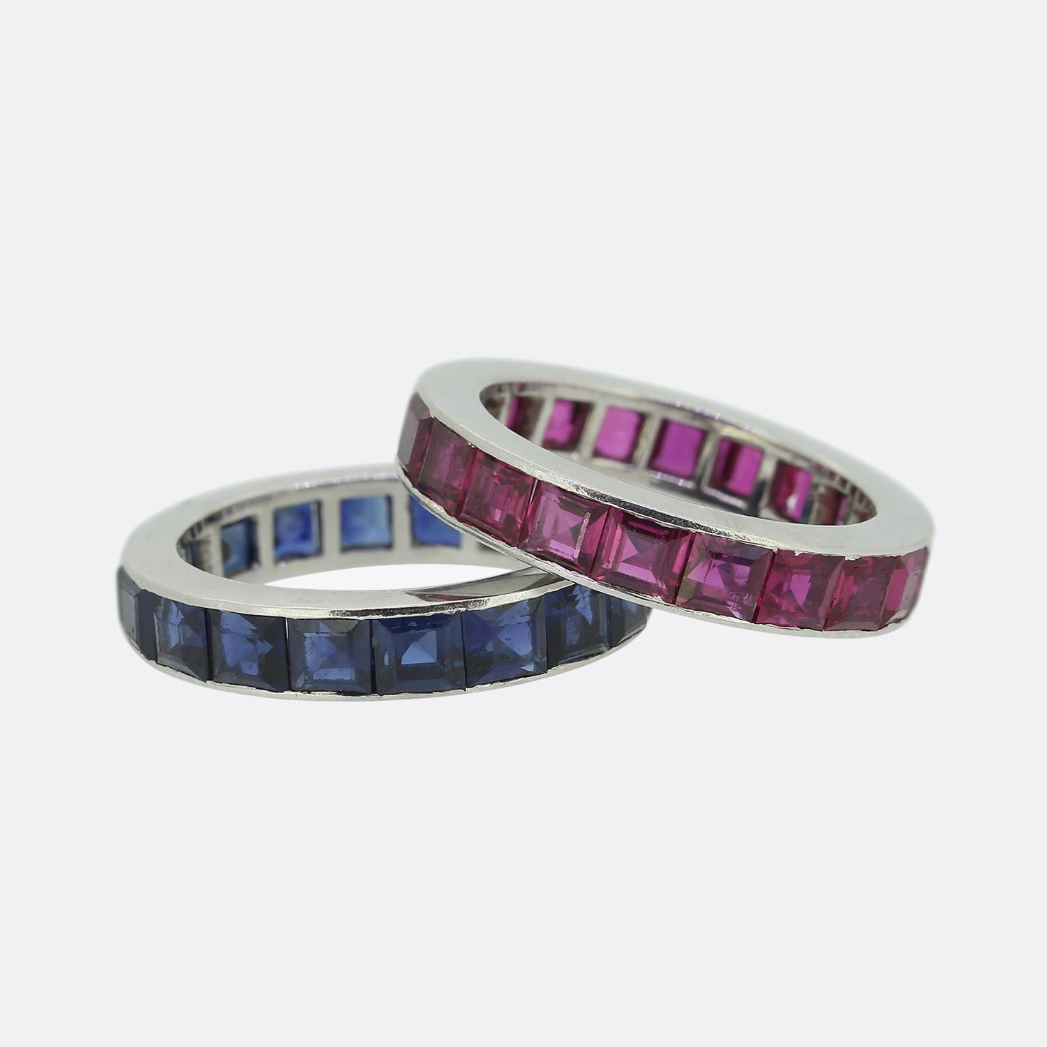 Here we have a pair of striking creations by Mauboussin. Crafted from platinum during the Art Deco movement, one of these two separate rings features a seamless row of square-cut rubies with their deep red pinky hue exuding warmth and elegance.