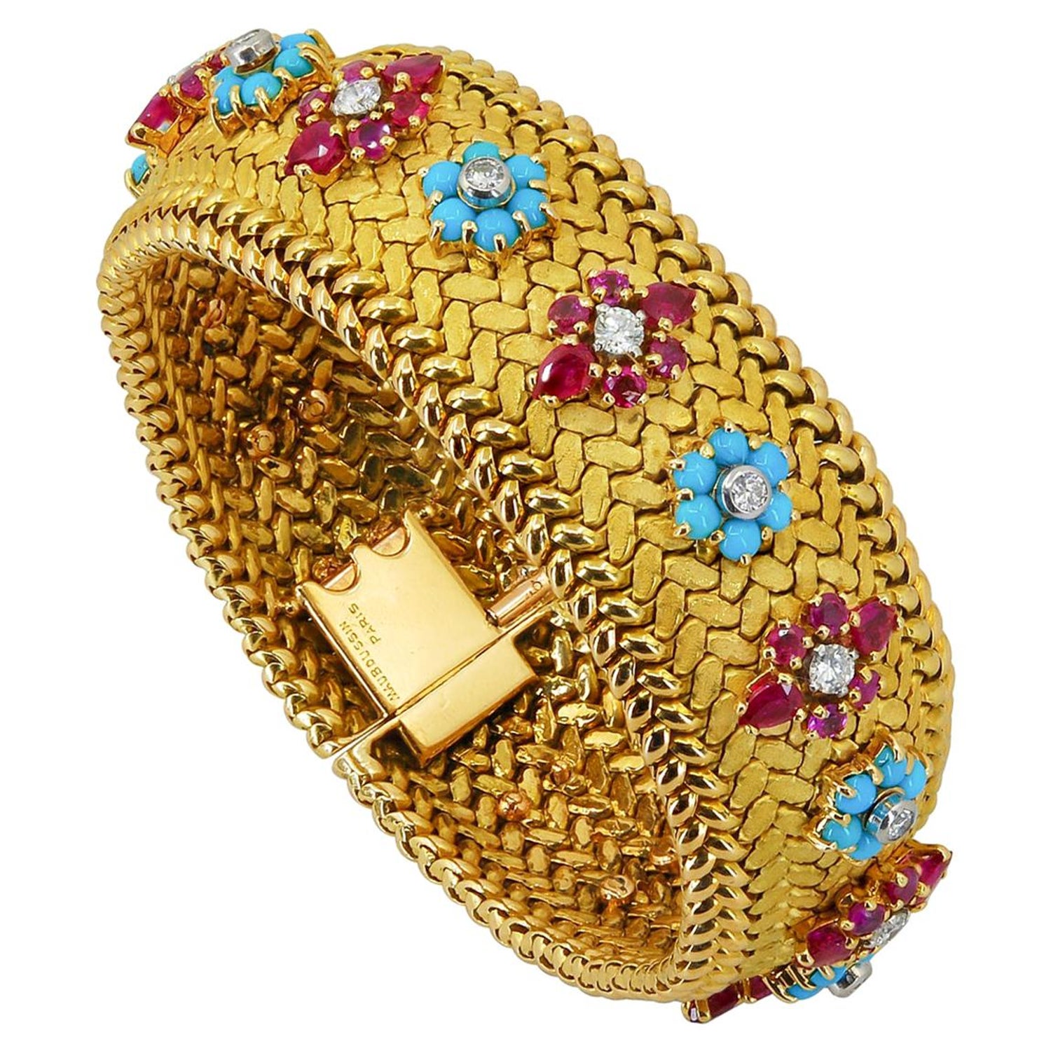 Mauboussin Diamond Ruby Turquoise Yellow Gold Bracelet For Sale at 1stDibs