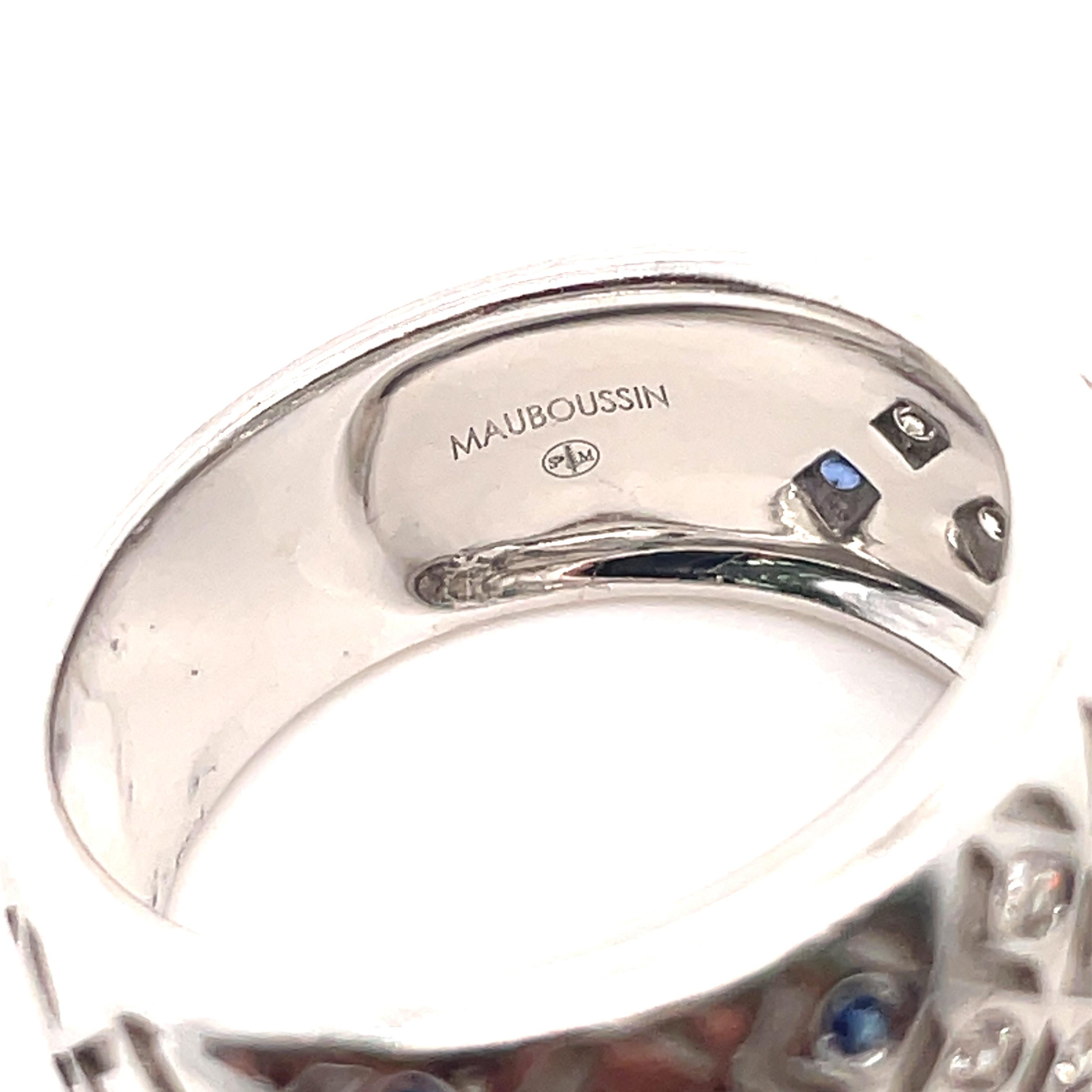 Jewelry Material: White Gold 18k  (the gold has been tested by a professional)
Total Carat Weight:  0.4ct (Approx.)
Total Metal Weight: 10 g
Size: 7.25 US \ 17.45mm                                  
 Brand: Mauboussin                                