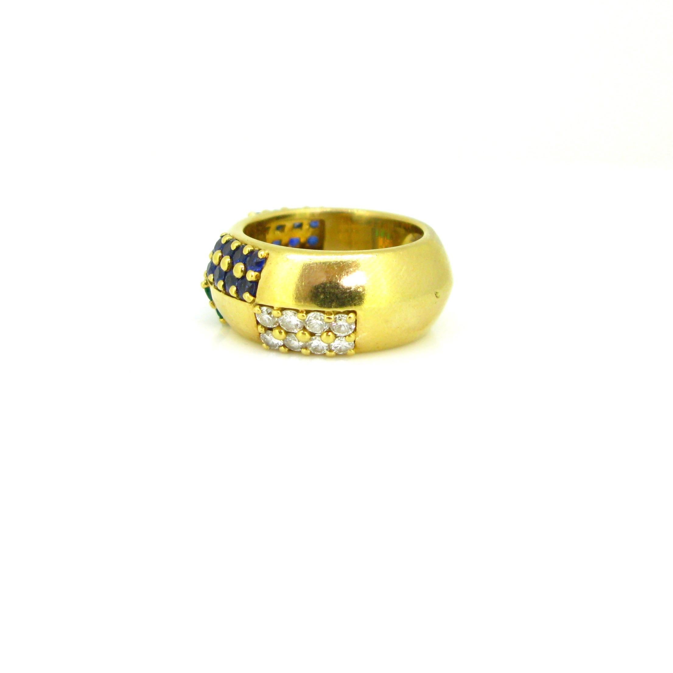 Round Cut Mauboussin Sapphire Emerald Diamond Yellow Gold Large Band Ring