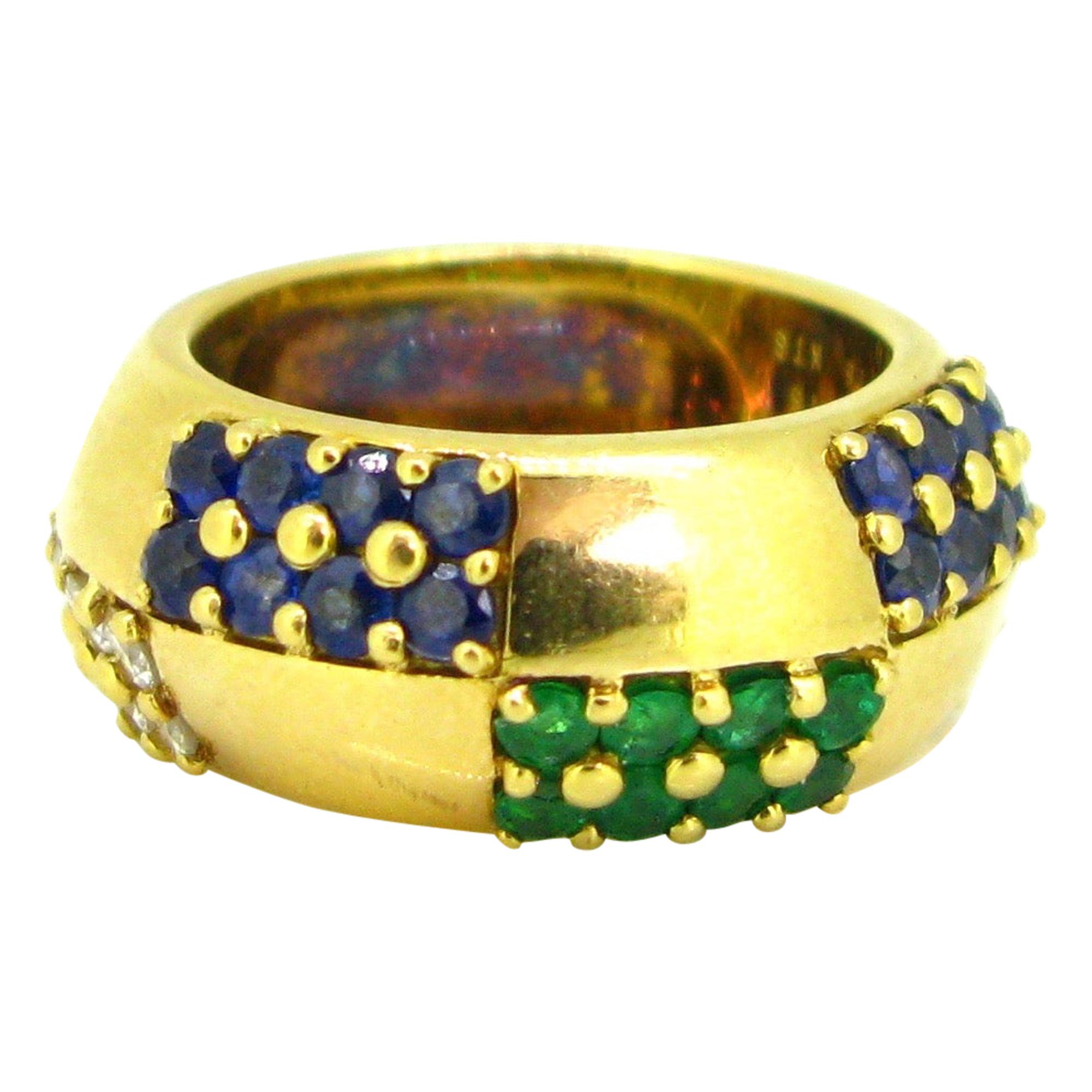 Mauboussin Sapphire Emerald Diamond Yellow Gold Large Band Ring