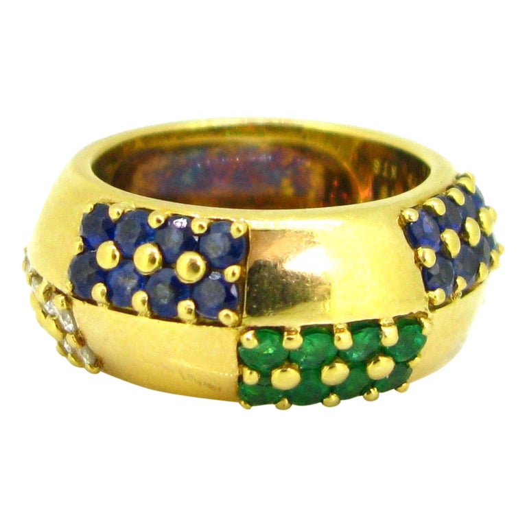 Mauboussin Sapphire Emerald Diamond Yellow Gold Large Band Ring For ...