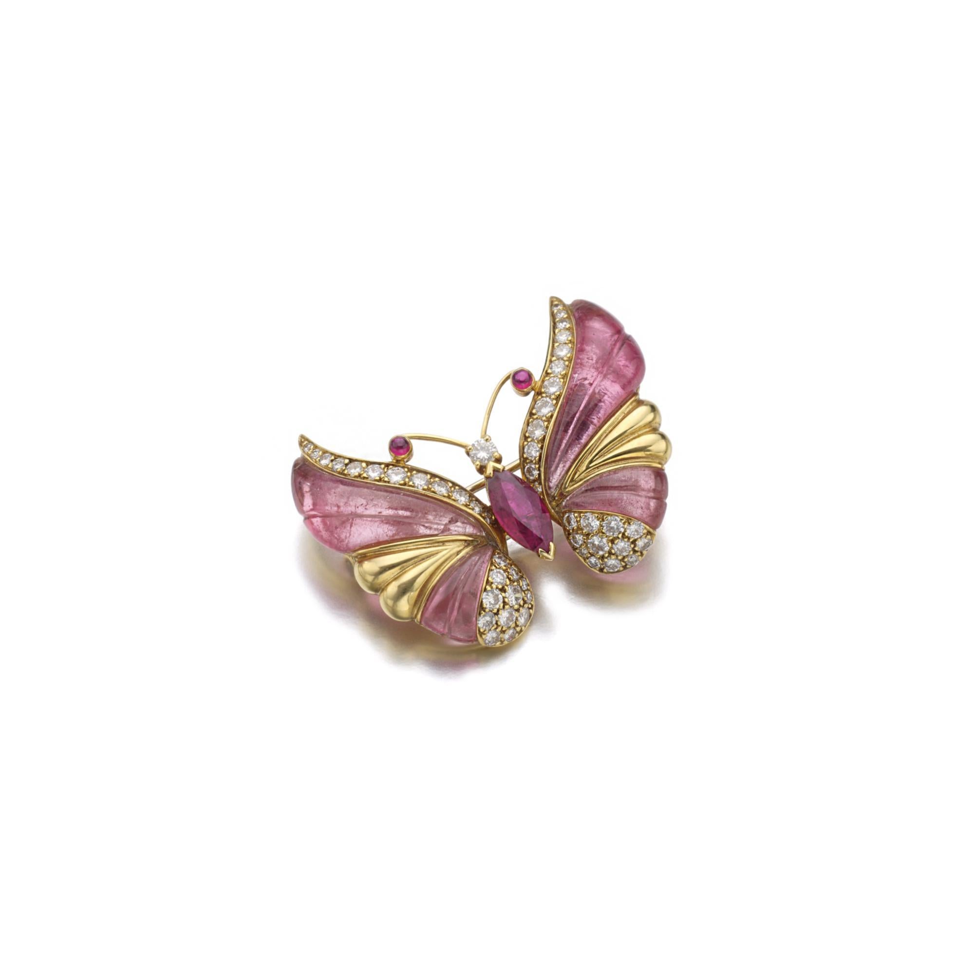 Mixed Cut Mauboussin Tourmaline, Rubellite, and Diamond Butterfly Brooch For Sale