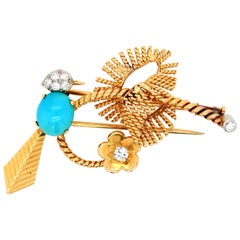 Mauboussin Turquoise and Diamond Bird Brooch, 1960s