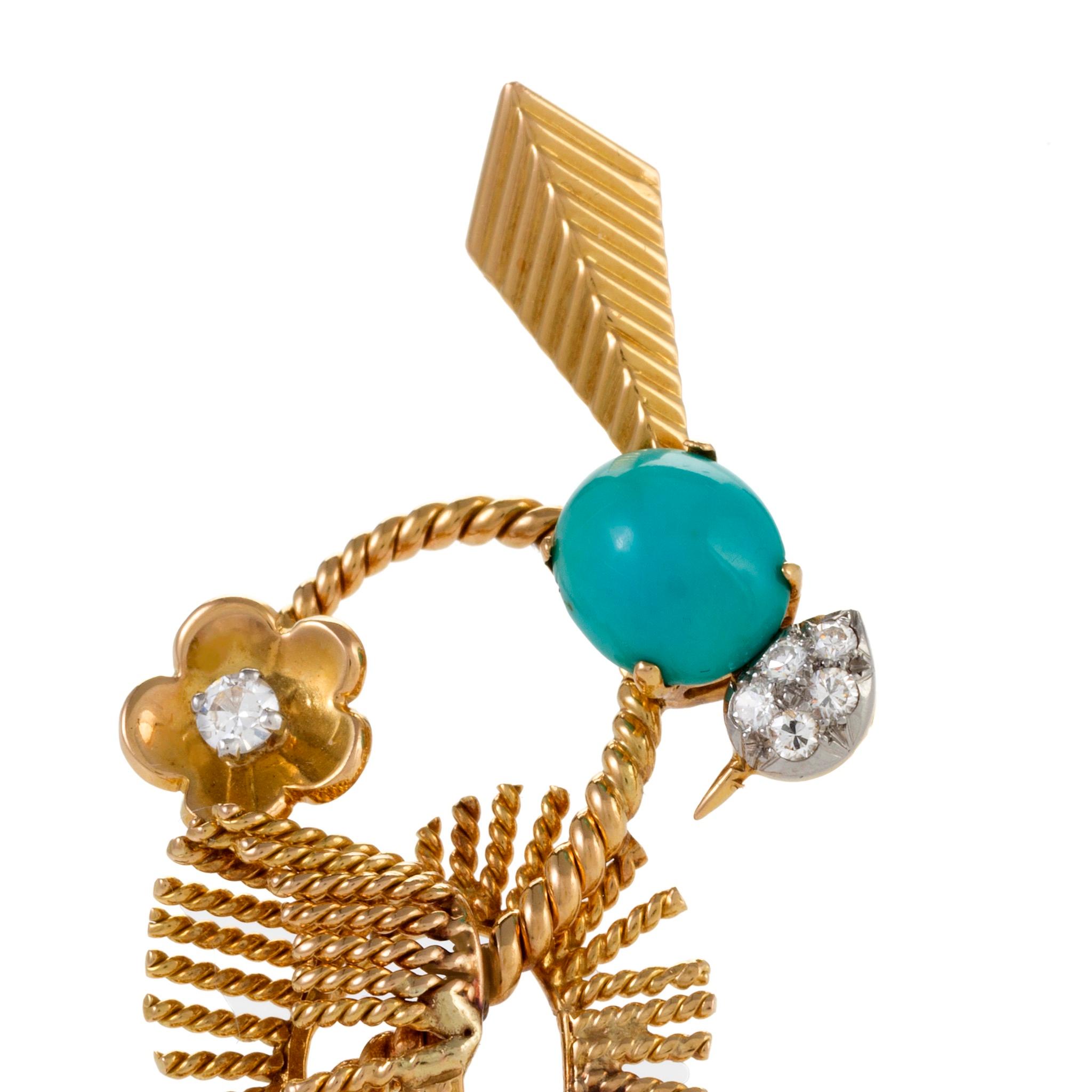 Round Cut Mauboussin Turquoise and Diamond Exotic Bird Brooch