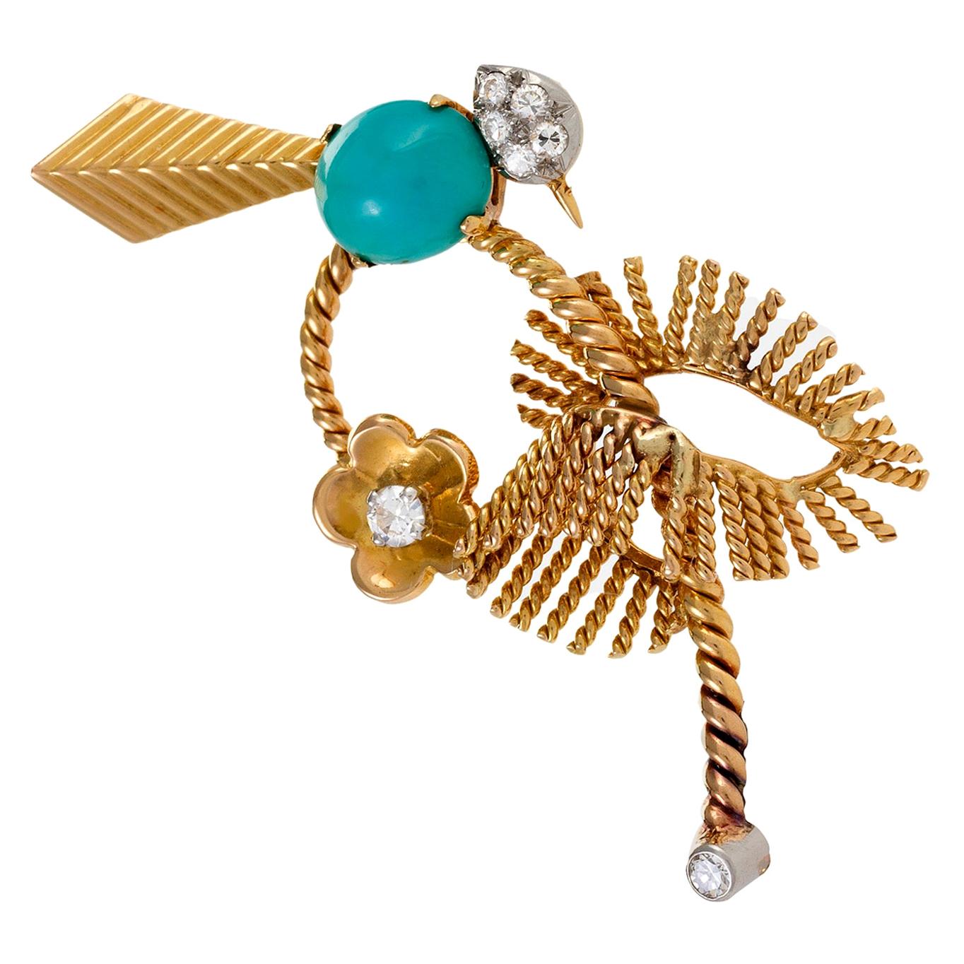 Mauboussin Turquoise and Diamond Exotic Bird Brooch