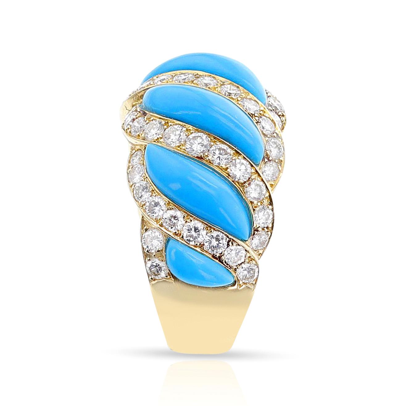 Mixed Cut Mauboussin Turquoise and Diamond Ring, French, 18k For Sale