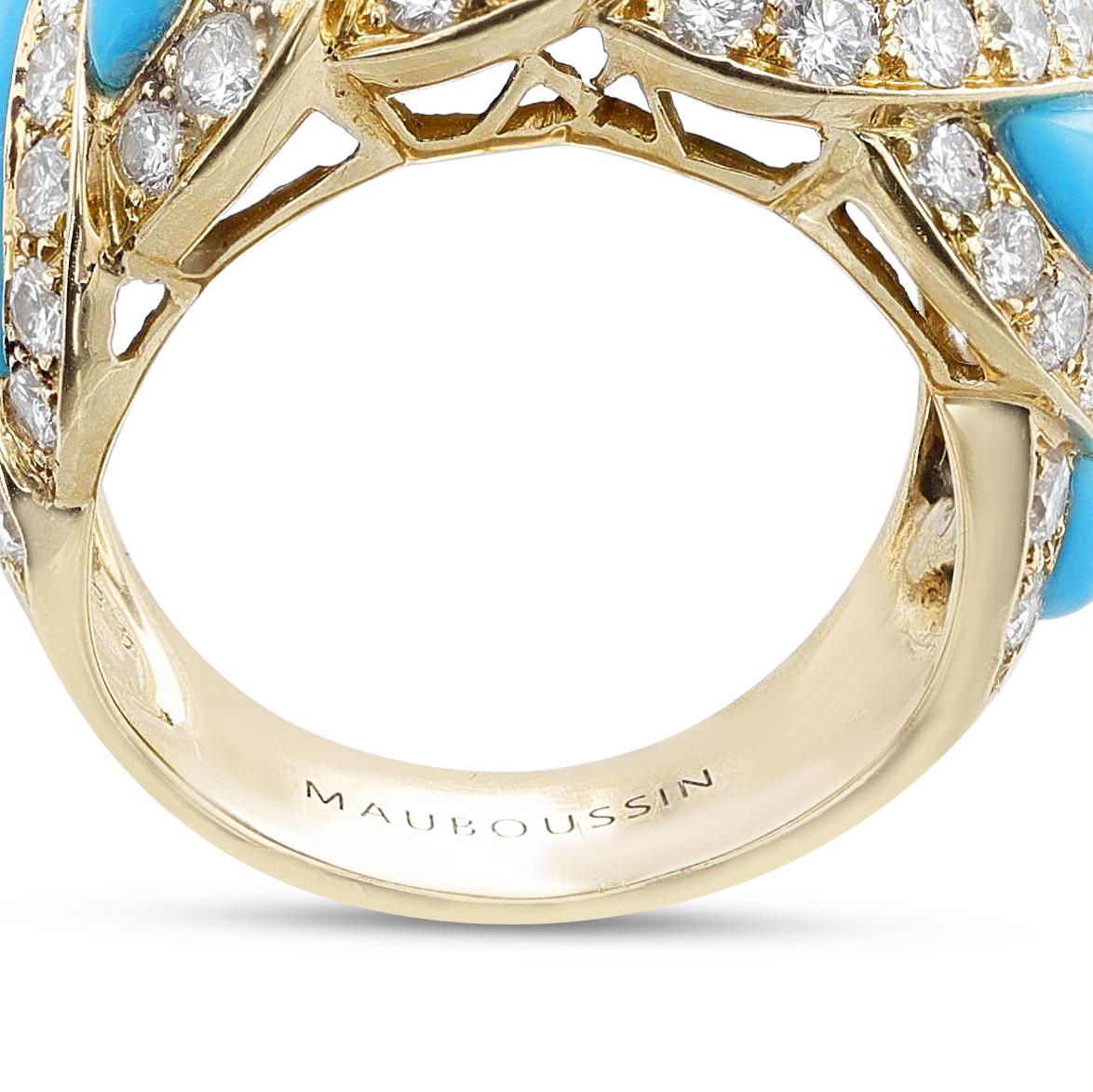 Women's or Men's Mauboussin Turquoise and Diamond Ring, French, 18k For Sale