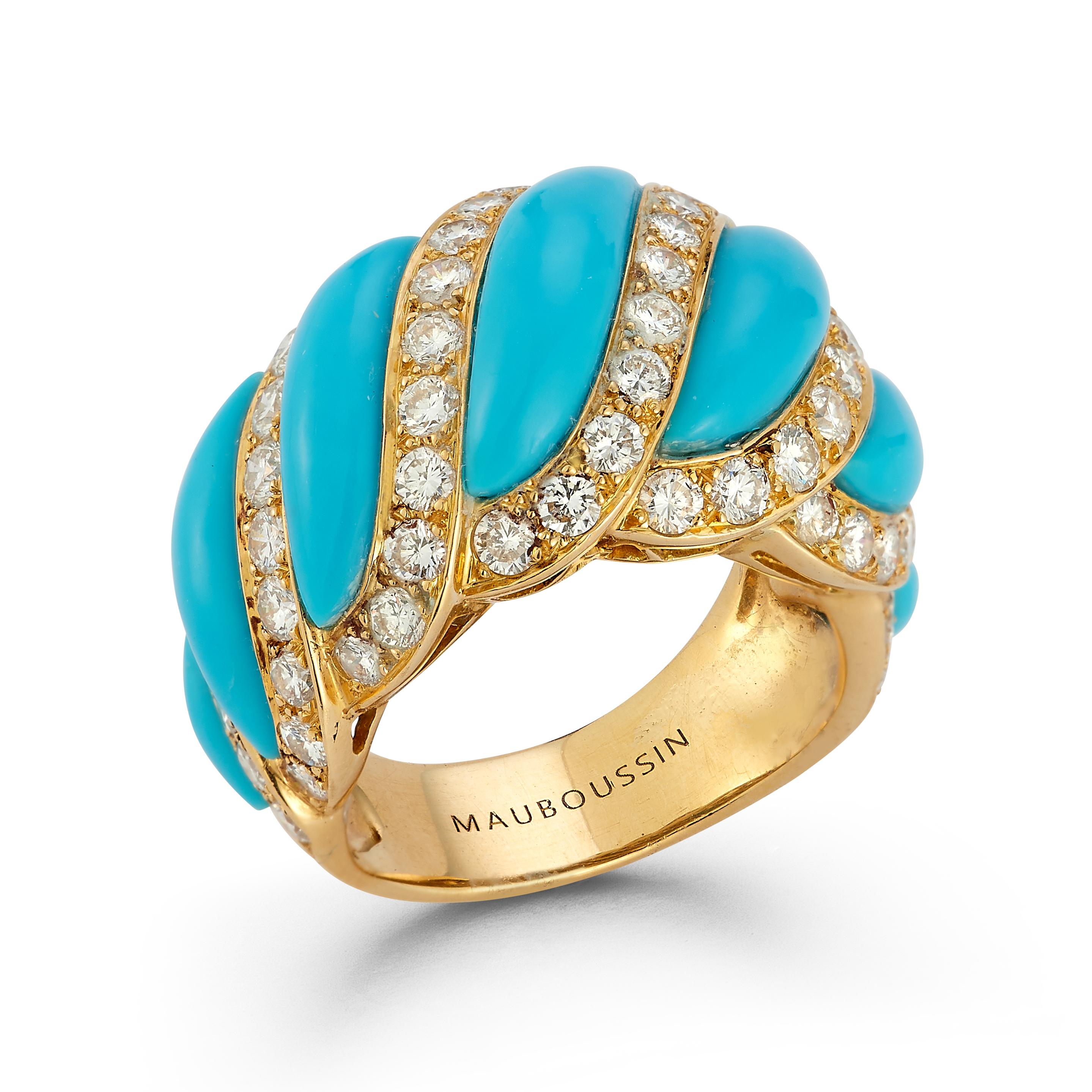Mauboussin Turquoise & Diamond Ring

An 18 karat yellow gold ring set with a row of cabochon turquoise framed by round cut diamonds

Signed Mauboussin

Ring Size: 8

Resizable free of charge 