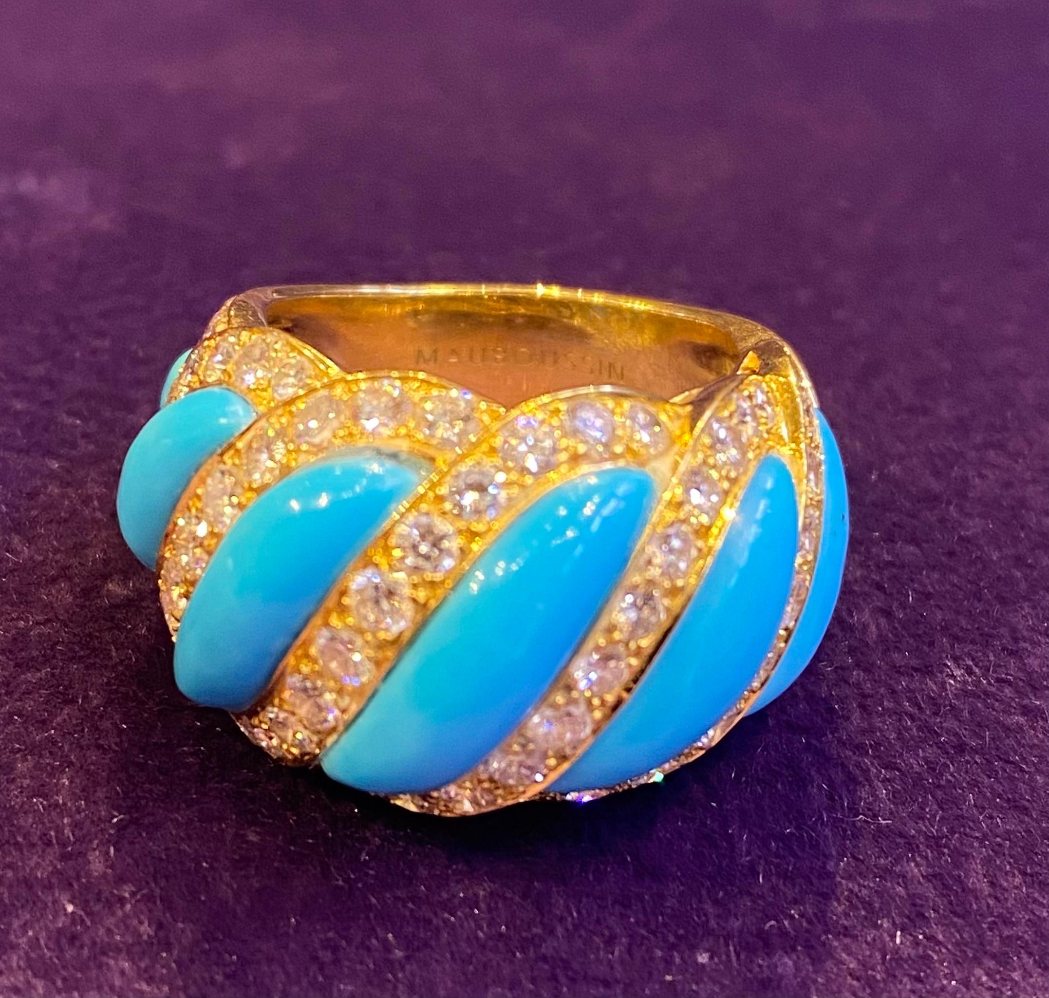 Round Cut Mauboussin Turquoise & Diamond Ring For Sale