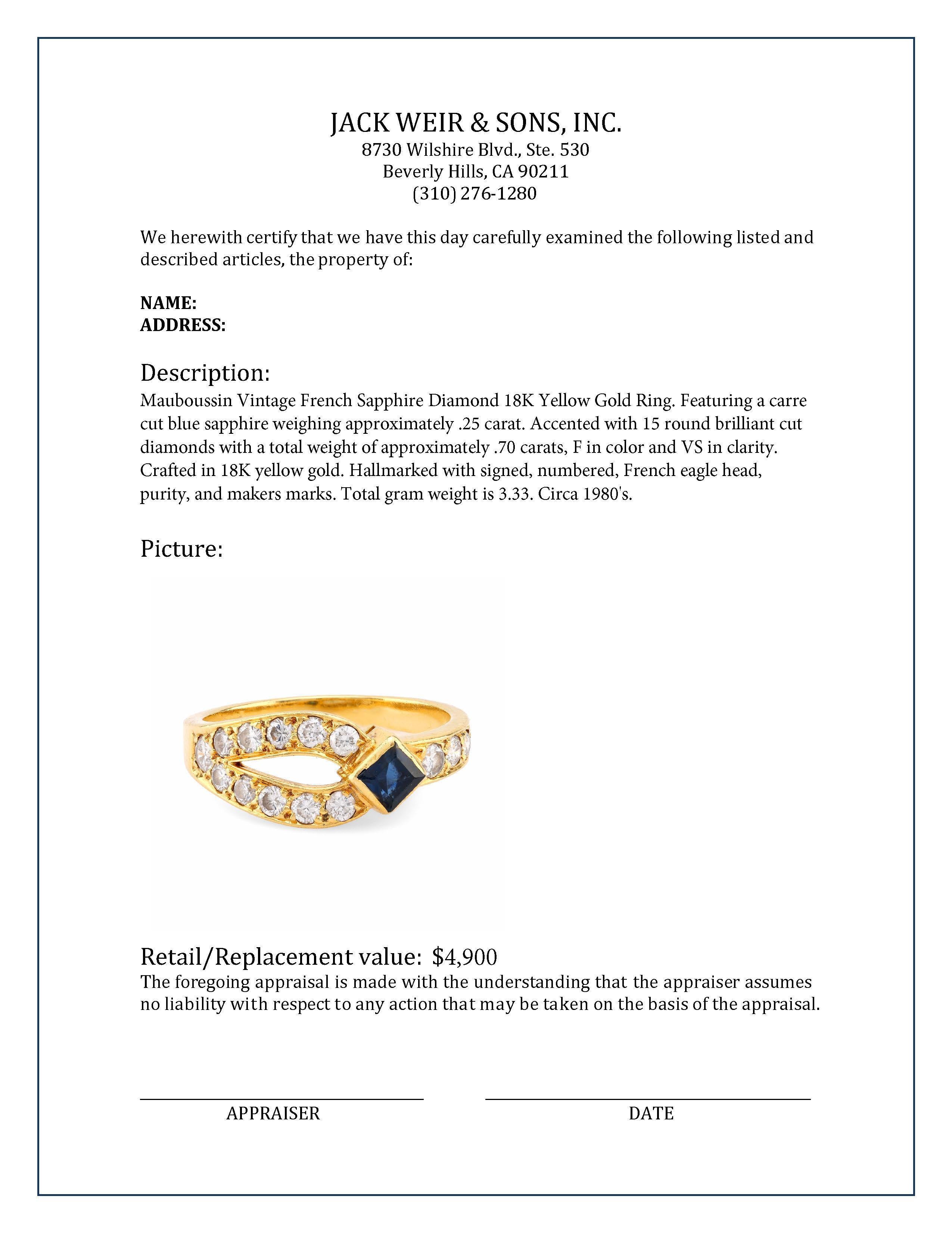 Mauboussin Vintage French Sapphire Diamond 18K Yellow Gold Ring In Excellent Condition In Beverly Hills, CA