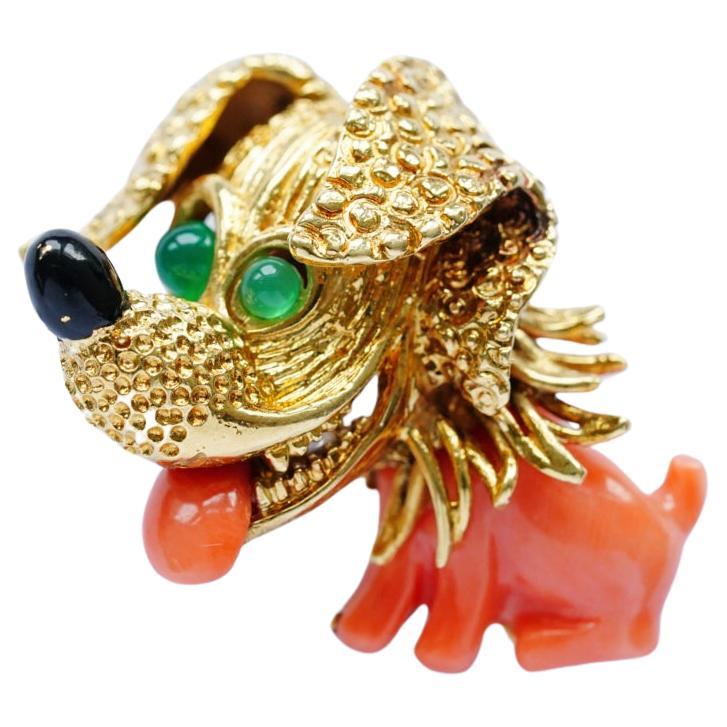 Mauboussin Vintage Yellow Gold Coral Chrysoprase Puppy brooch For Sale