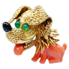 Mauboussin Vintage Yellow Gold Coral Chrysoprase Puppy brooch