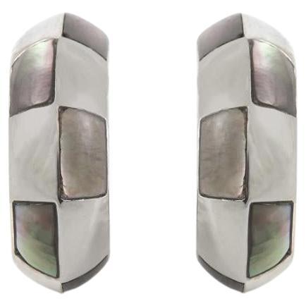 Mauboussin White Gold and Gray Mother of Pearl Checkerboard Huggie Earrings