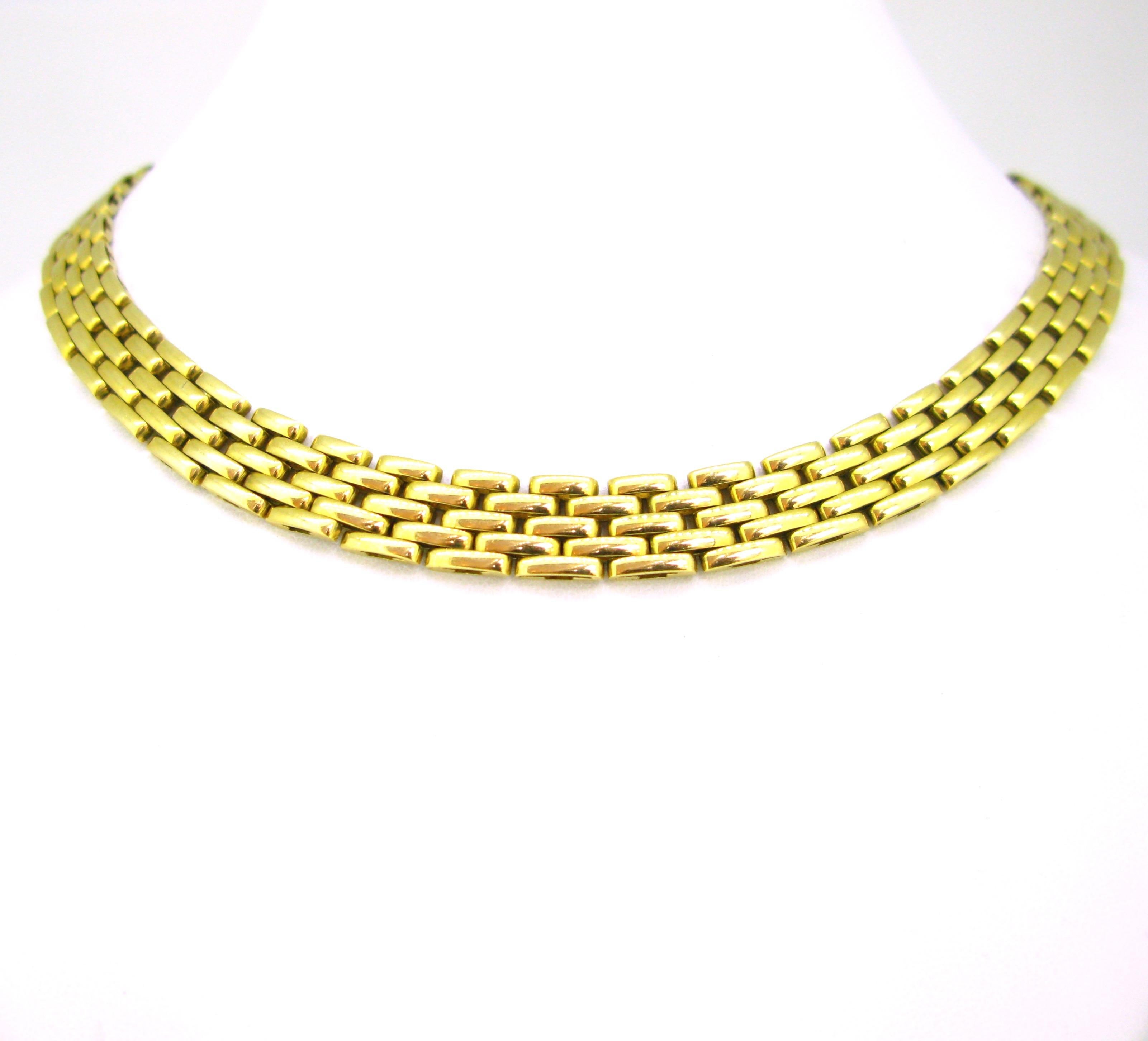 This vintage necklace is made by the French jeweller Mauboussin. It is made in 18kt yellow gold and this one has 5 rows links. The gold is smooth and shiny. It is very easy to wear every day. It weighs 77.3gr and is 41cm long. It is signed, numbered