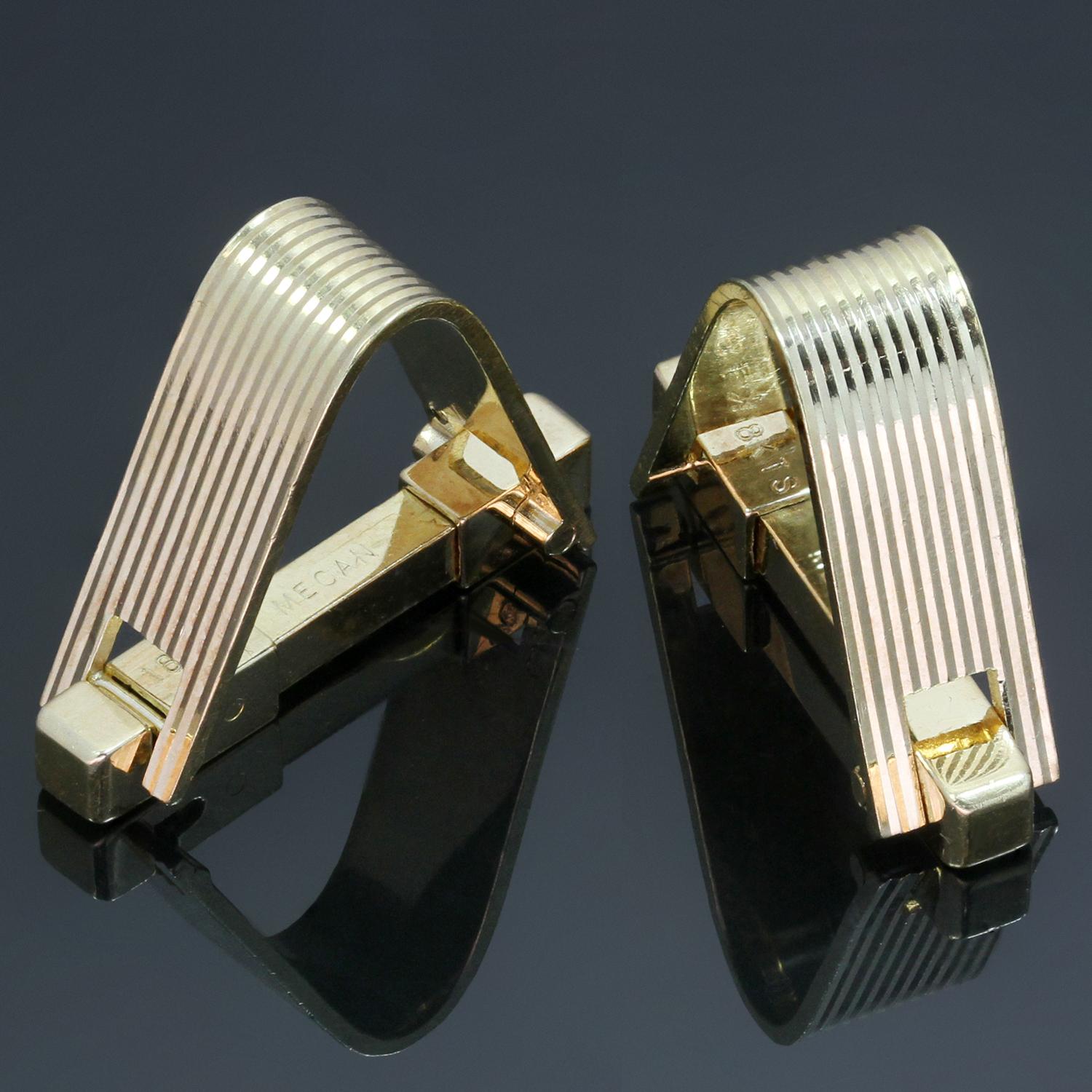 Ces boutons de manchette vintage Mauboussin présentent le design classique de l'étrier, réalisé en or jaune 18 carats. Fabriqué en France dans les années 1950. Mesures : 0.7 mm de large, 18 mm de long. 