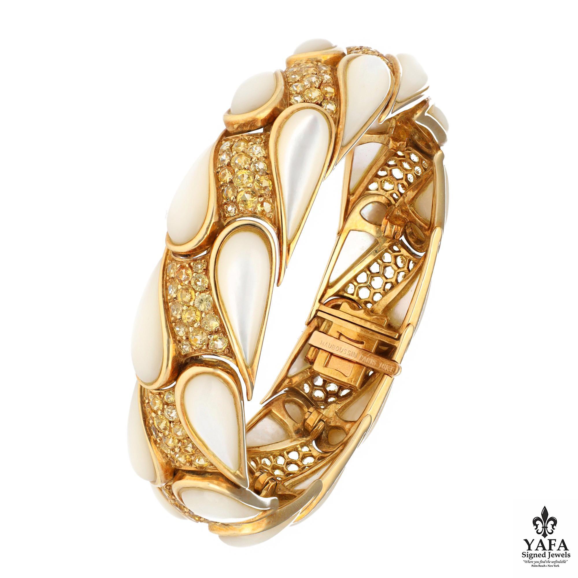 Round Cut MAUBOUSSIN Yellow Sapphire, Diamond and Mother of Pearl Bracelet Set For Sale