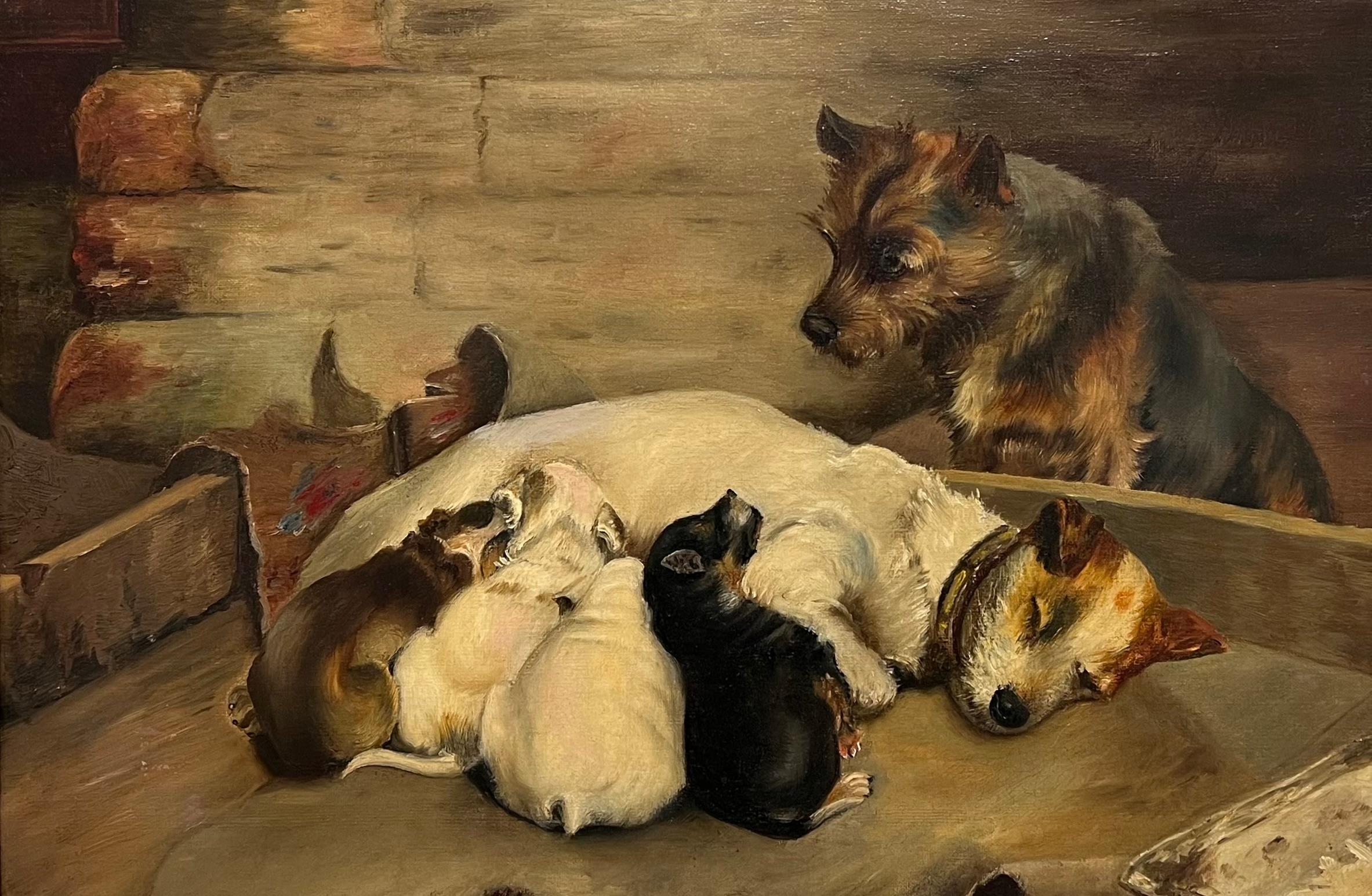 Feine viktorianische englische Hundemalerei Stolze Terrier-Eltern mit Welpen, gerahmt – Painting von Maud Earl