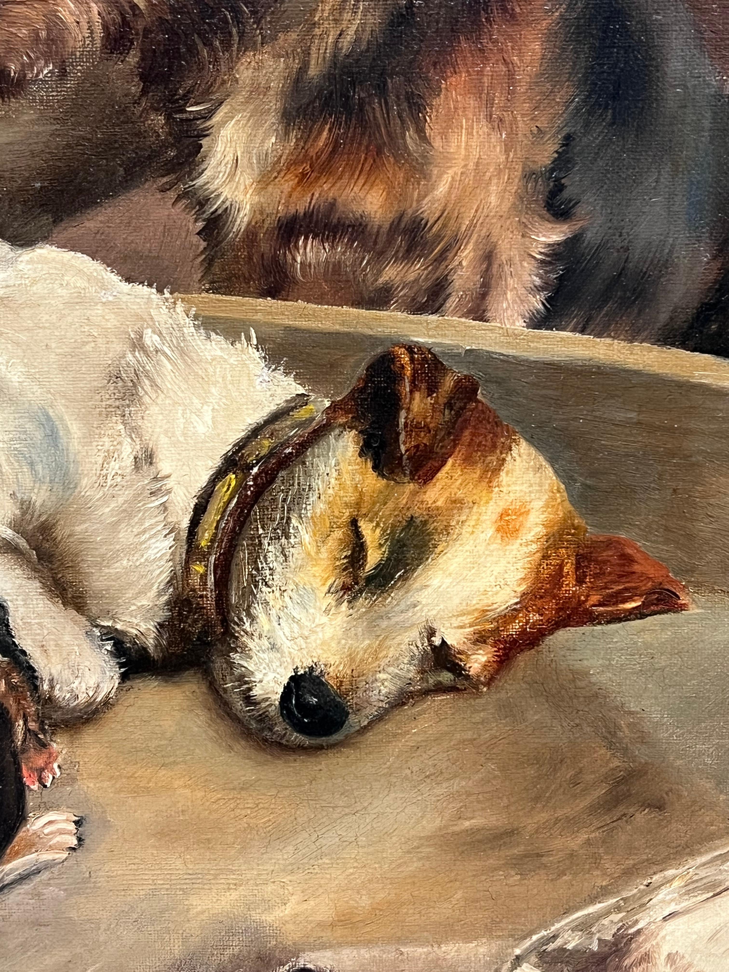 Feine viktorianische englische Hundemalerei Stolze Terrier-Eltern mit Welpen, gerahmt (Viktorianisch), Painting, von Maud Earl