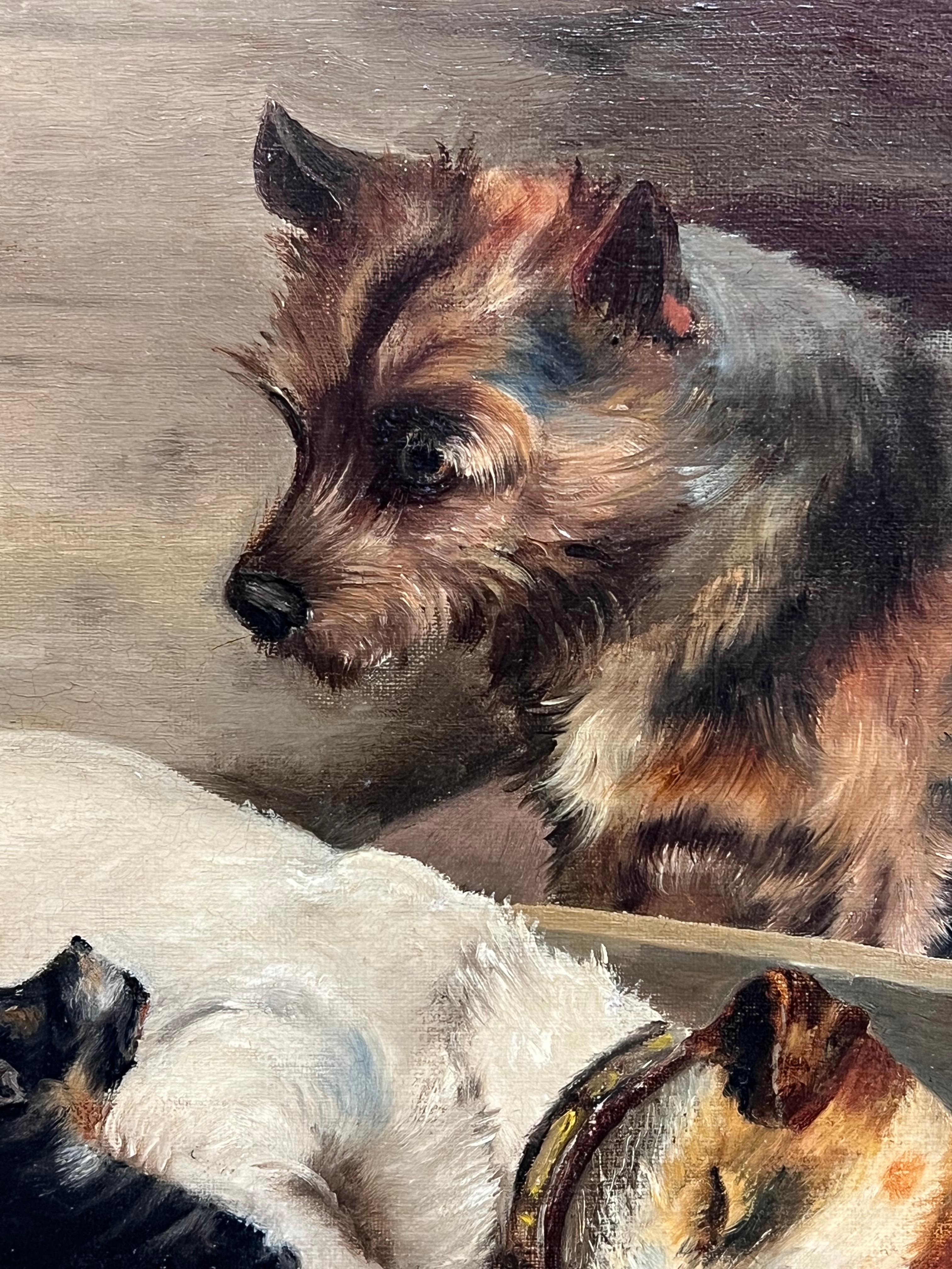Feine viktorianische englische Hundemalerei Stolze Terrier-Eltern mit Welpen, gerahmt im Angebot 2