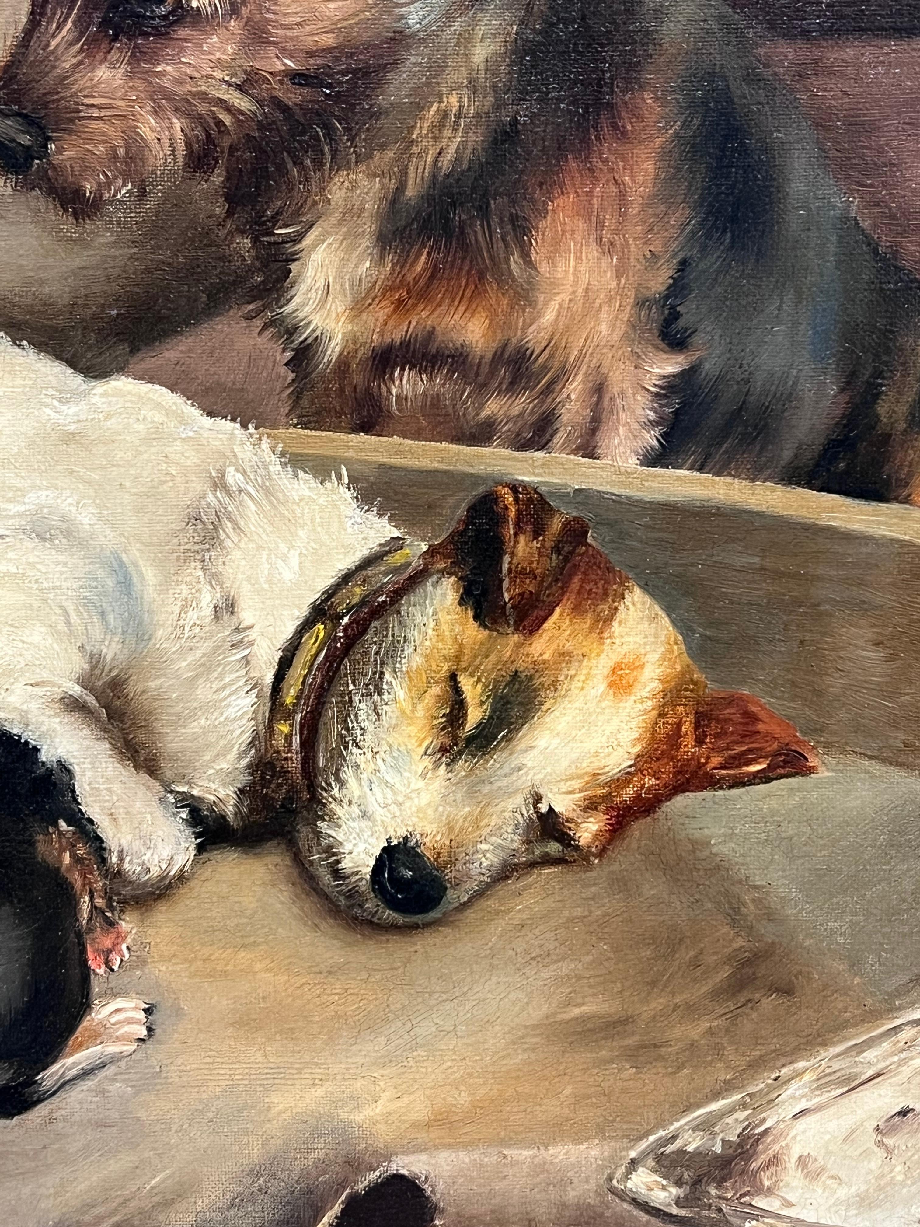 Feine viktorianische englische Hundemalerei Stolze Terrier-Eltern mit Welpen, gerahmt im Angebot 3