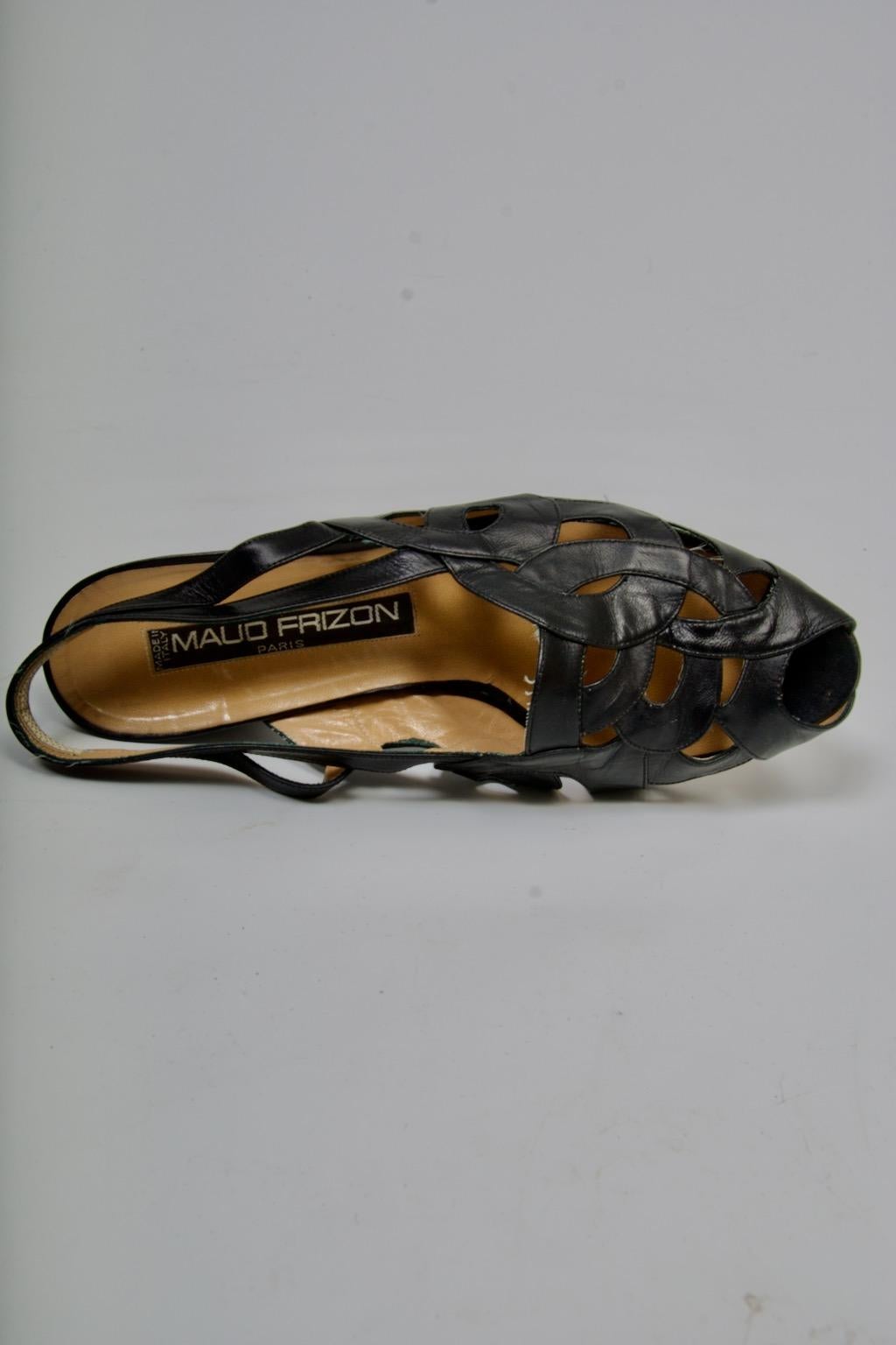 Women's Maud Frizon Black Leather Cut-out Slingback Sandals For Sale