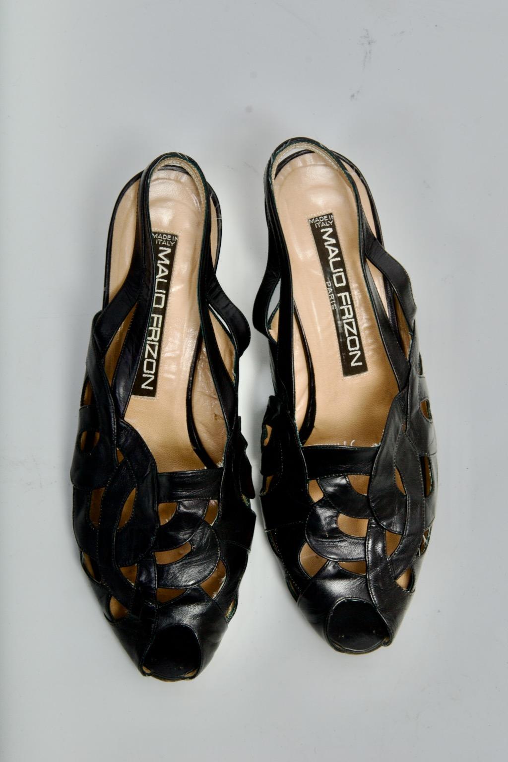 Maud Frizon Black Leather Cut-out Slingback Sandals For Sale 1