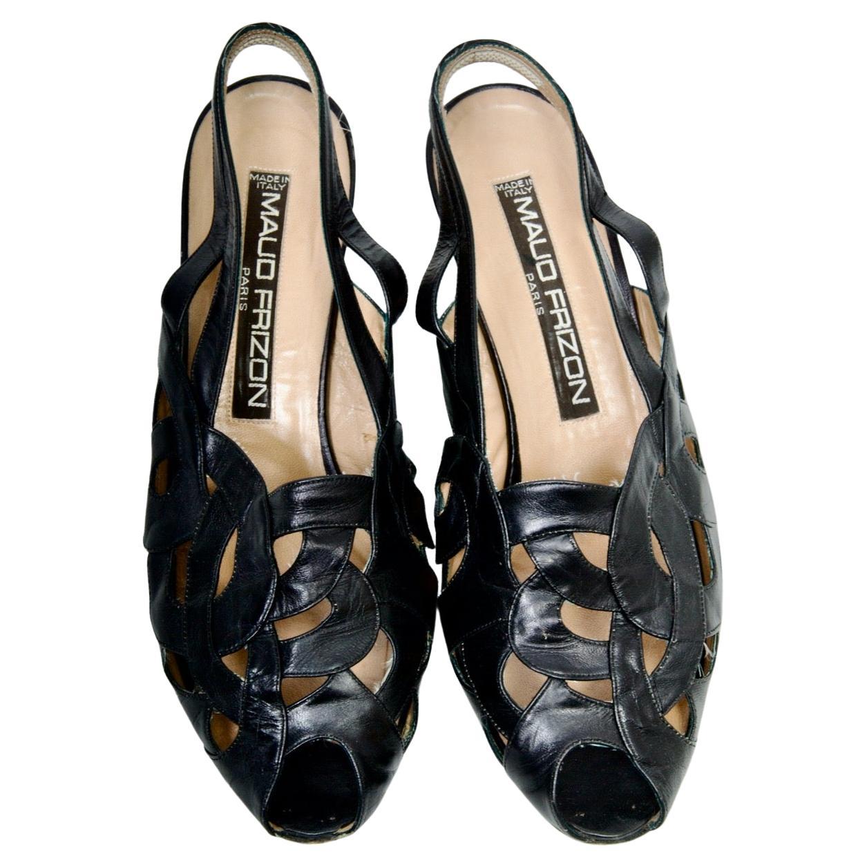Maud Frizon Black Leather Cut-out Slingback Sandals For Sale