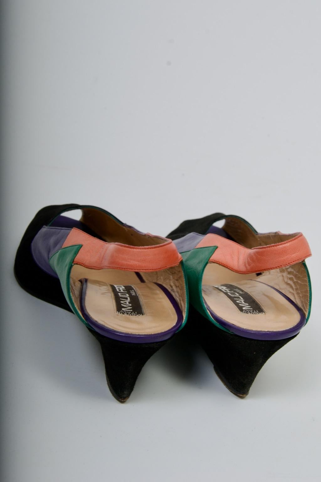 Maud Frizon Multi Suede Wedge Slingbacks In Good Condition For Sale In Alford, MA
