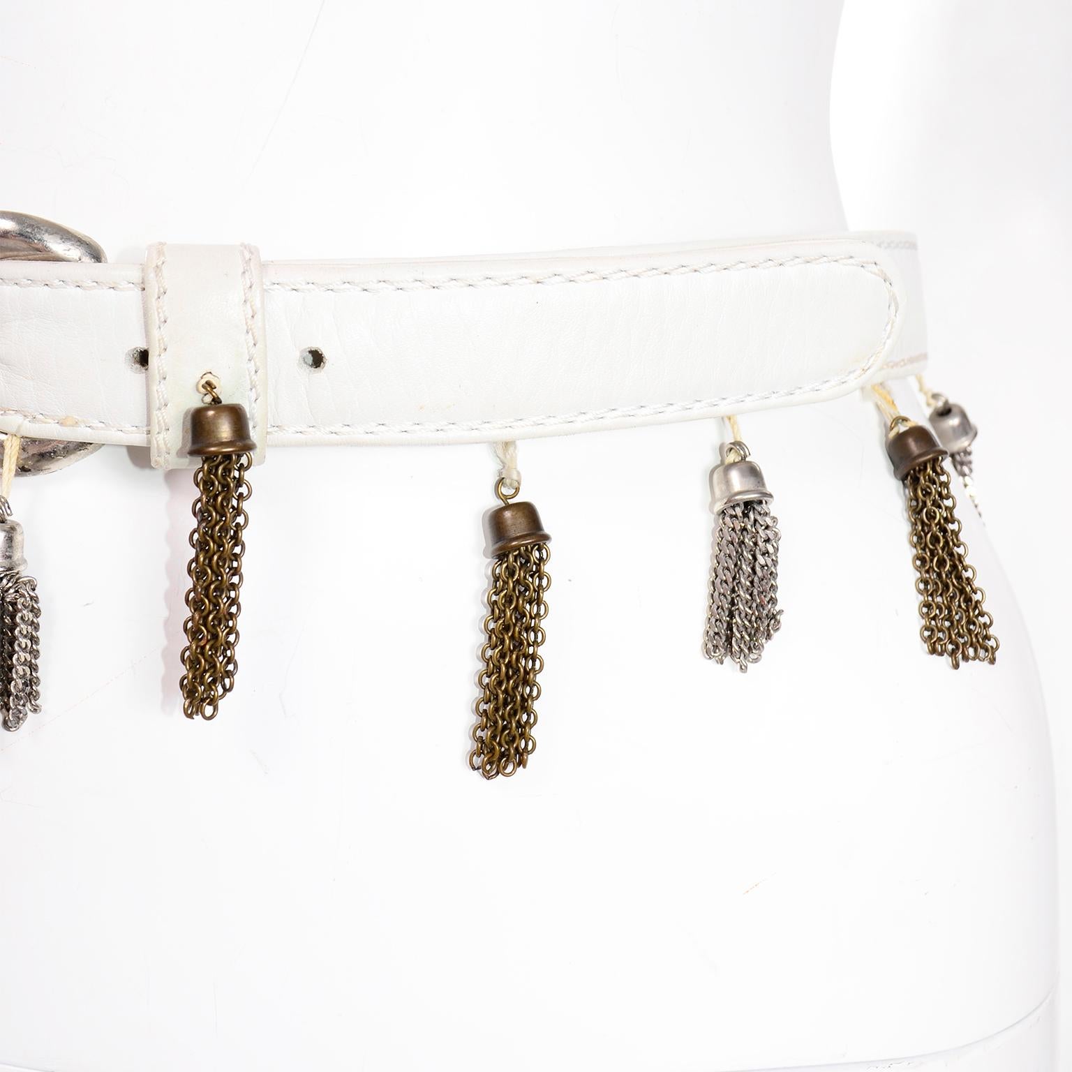 Maud Frizon Paris Vintage White Leather Belt With Gold & Silver Tassels In Good Condition For Sale In Portland, OR