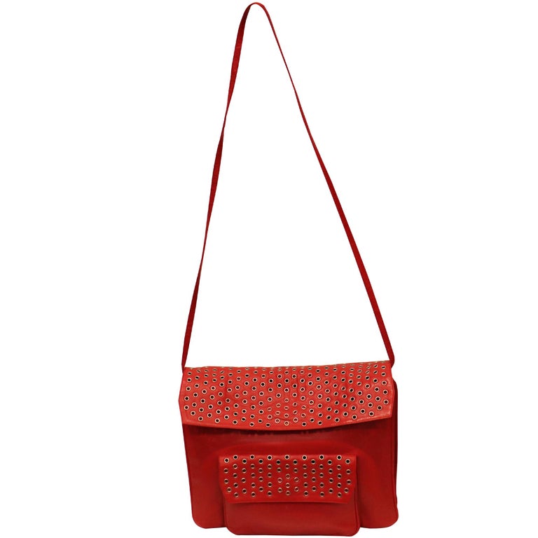Maud Frizon Red Leather Bag W/ Grommets on Pocket For Sale at 1stDibs