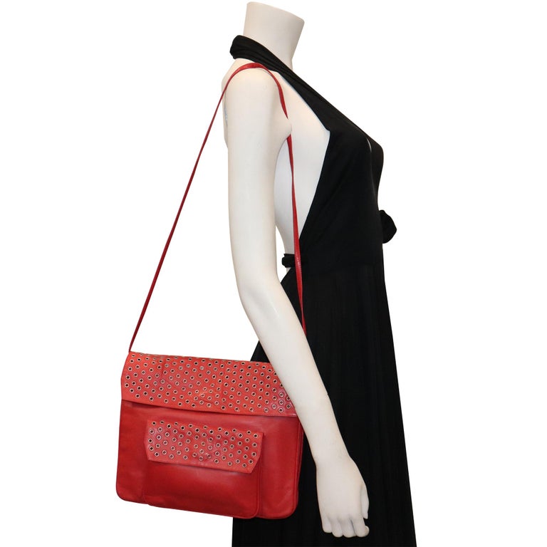 Maud Frizon Red Leather Bag W/ Grommets on Pocket For Sale at 1stDibs