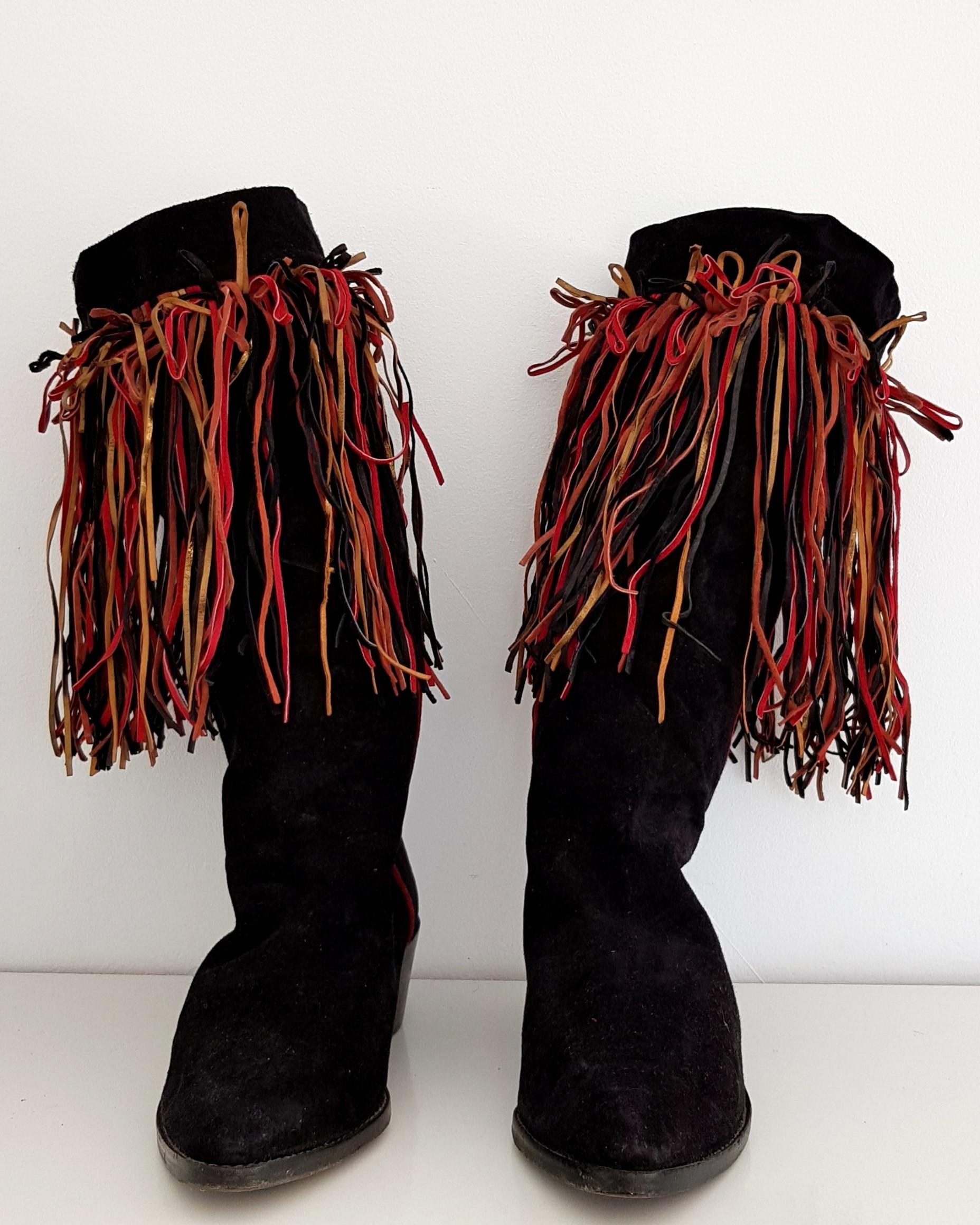 Maud Frizon Tricolor Laces Black Suede Boots. Size 39 1/2 For Sale 1