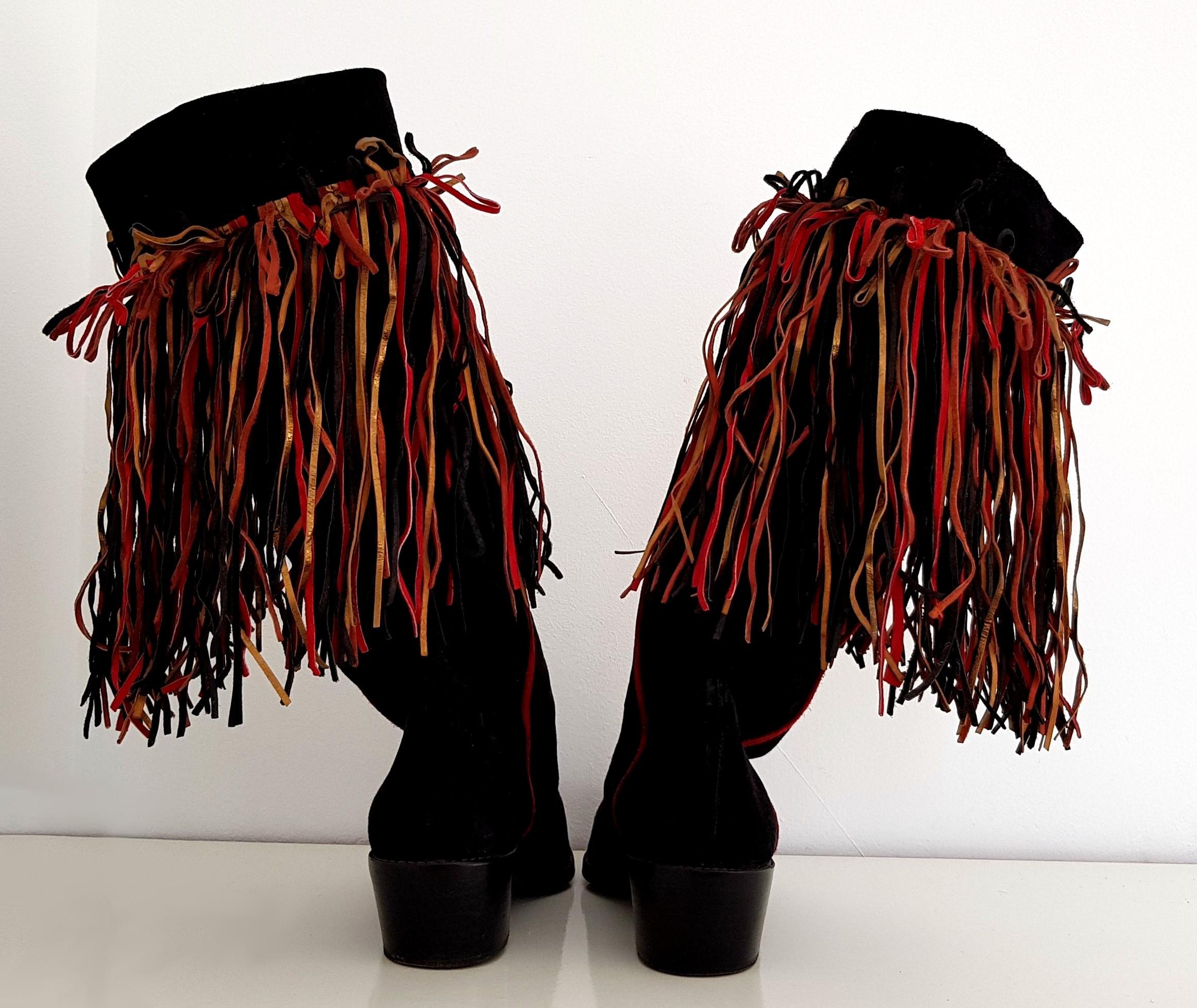 Maud Frizon Tricolor Laces Black Suede Boots. Size 39 1/2 For Sale 2