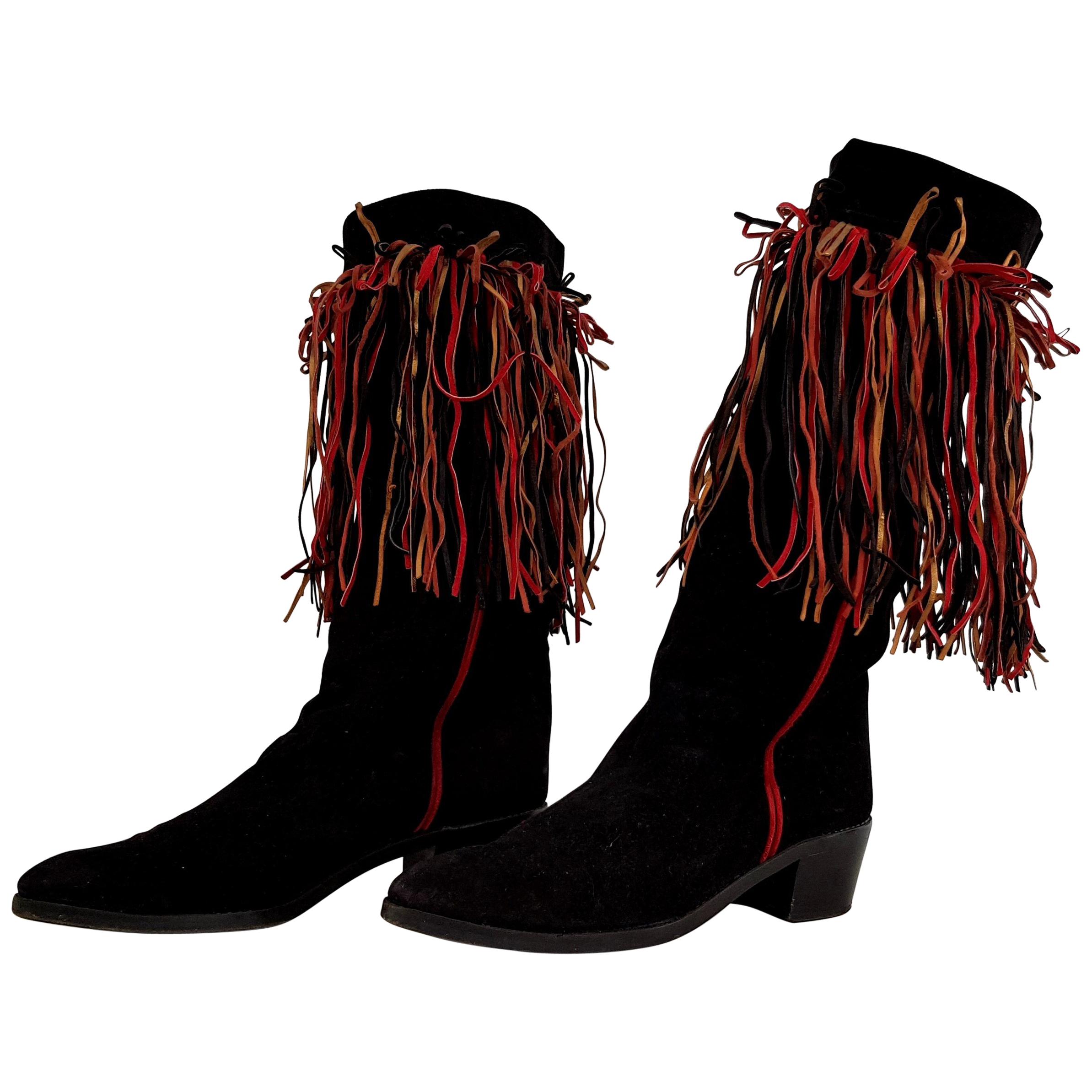 Maud Frizon Tricolor Laces Black Suede Boots. Size 39 1/2 For Sale