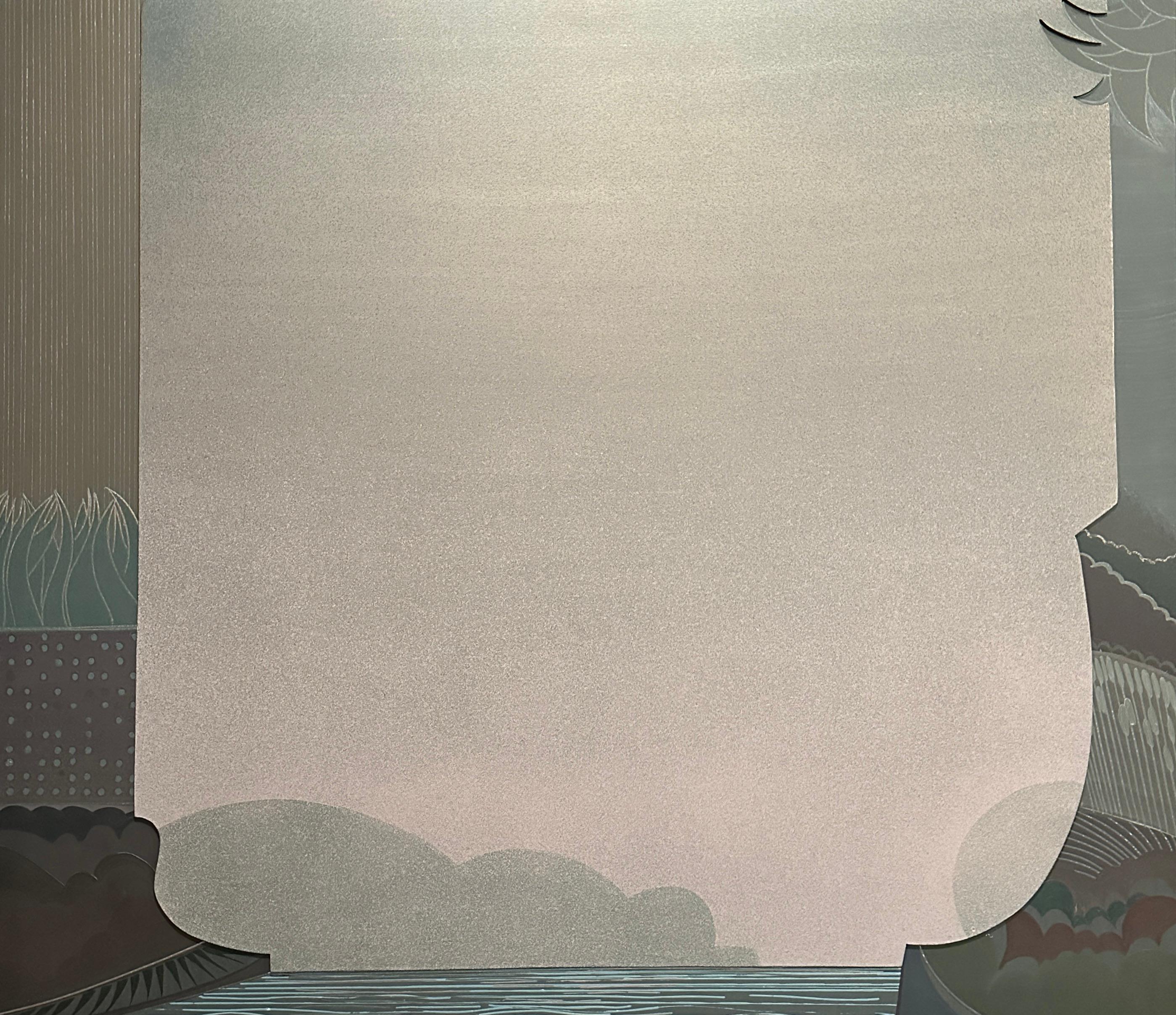Maud Florance Gatewood (1934-2004) Estadounidense. Fino ejemplo de su obra, "Noche en el lago" es polímero sobre tabla recortada, y tiene la tarjeta de identificación original de la artista de la 20ª Exposición Conmemorativa de Irene Leache, 1970.