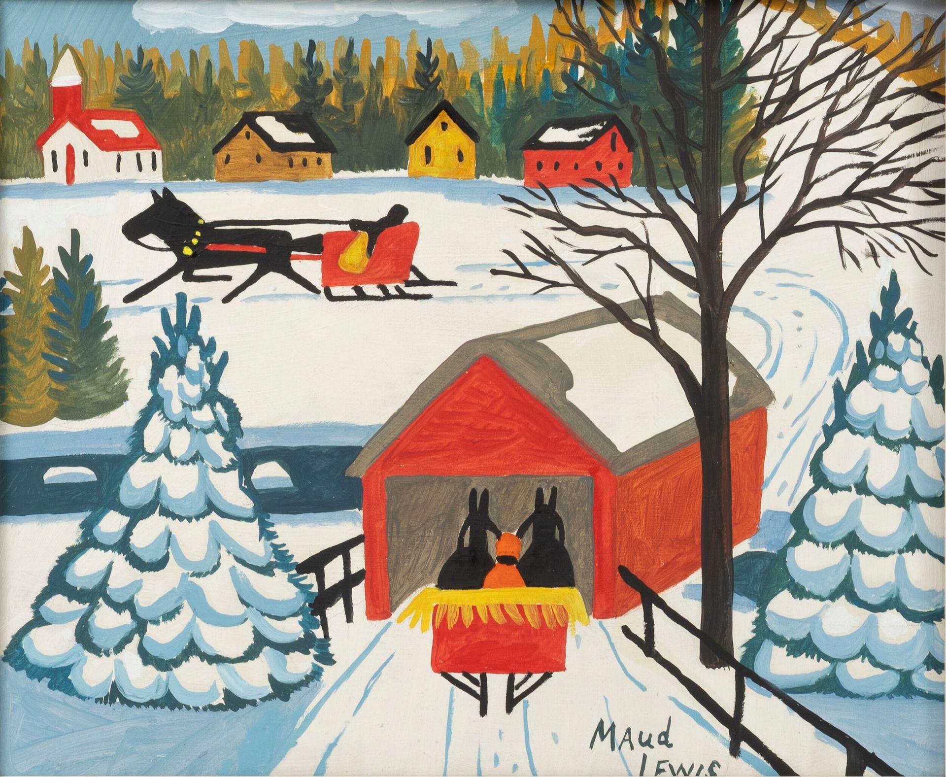 Maud LEWIS (1903-1970)
Trineos pasando por un pueblo de casas rojas y amarillas.
Óleo sobre tabla.
Firmado abajo a la derecha.
25.5 × 30.5 cm
Procedencia:
-Adquirido directamente al artista por una colección francesa.
-Subasta Drouot,