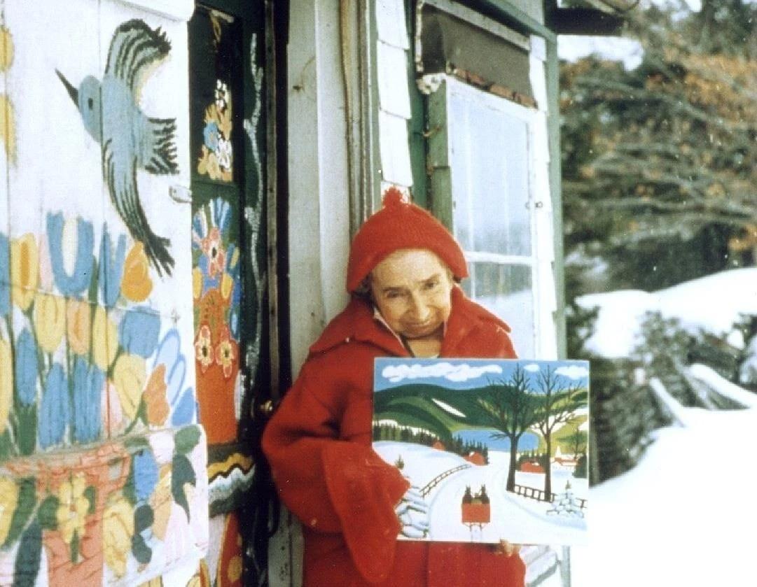 Maud Lewis 1975 Paseo en trineo en invierno Óleo sobre tabla Canadiense en venta
