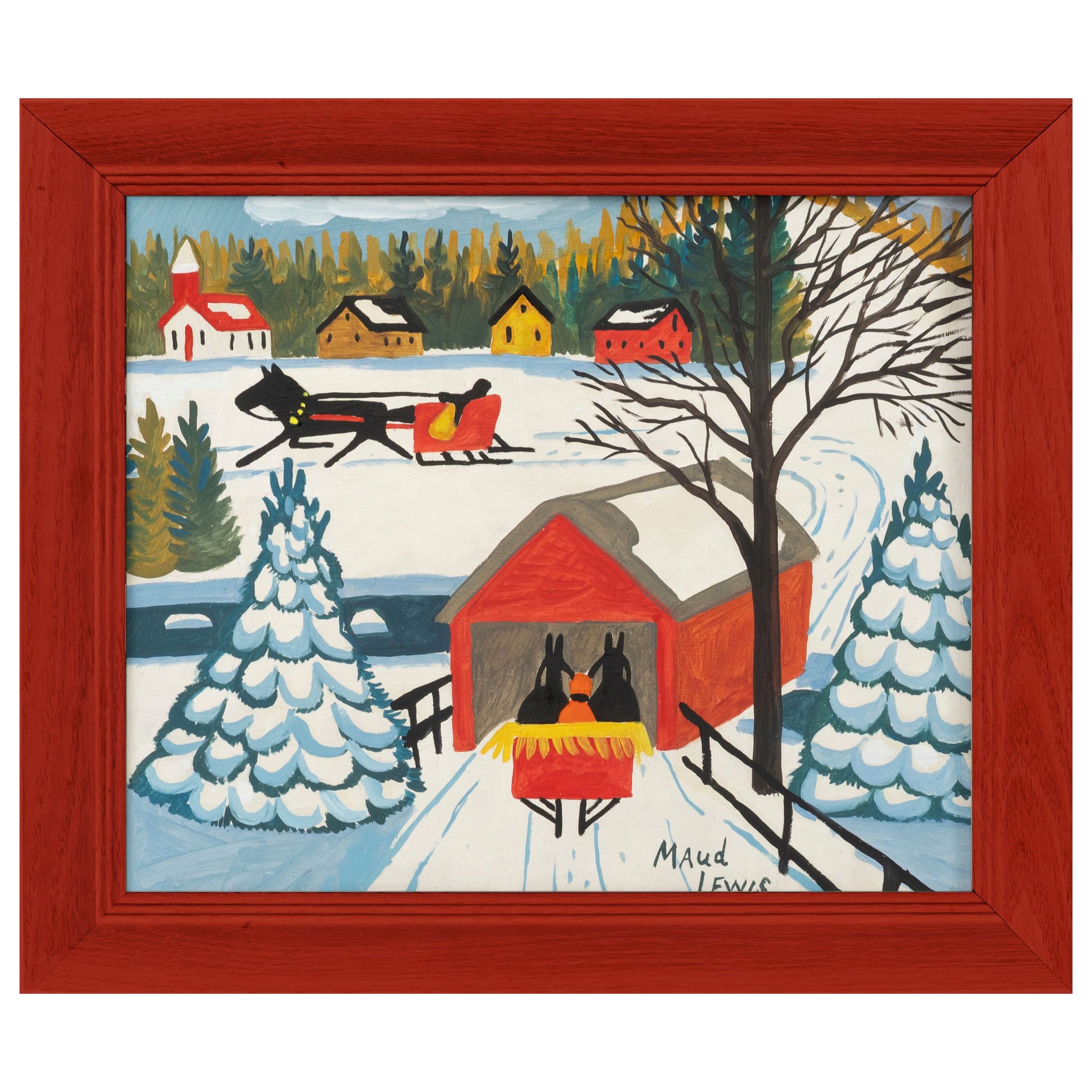 Maud Lewis 1975 Paseo en trineo en invierno Óleo sobre tabla en venta