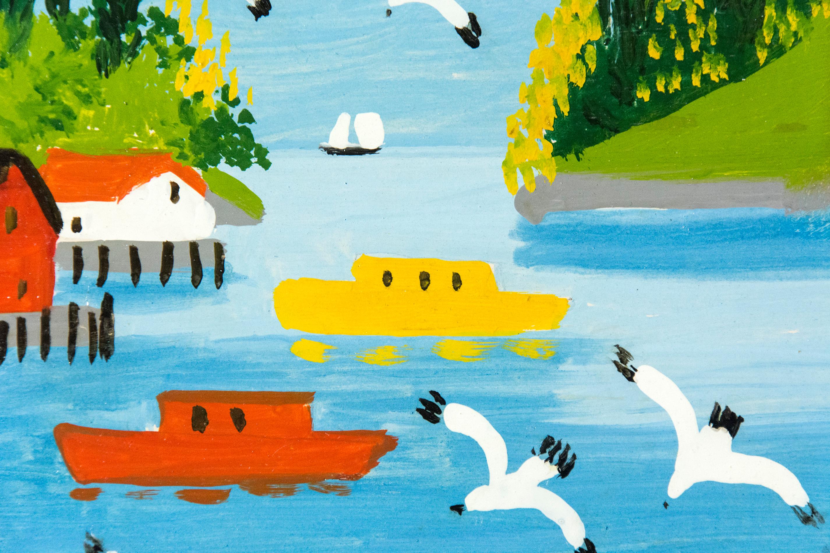 Boats at Sandy Cove - Folk Art Painting by Maud Lewis