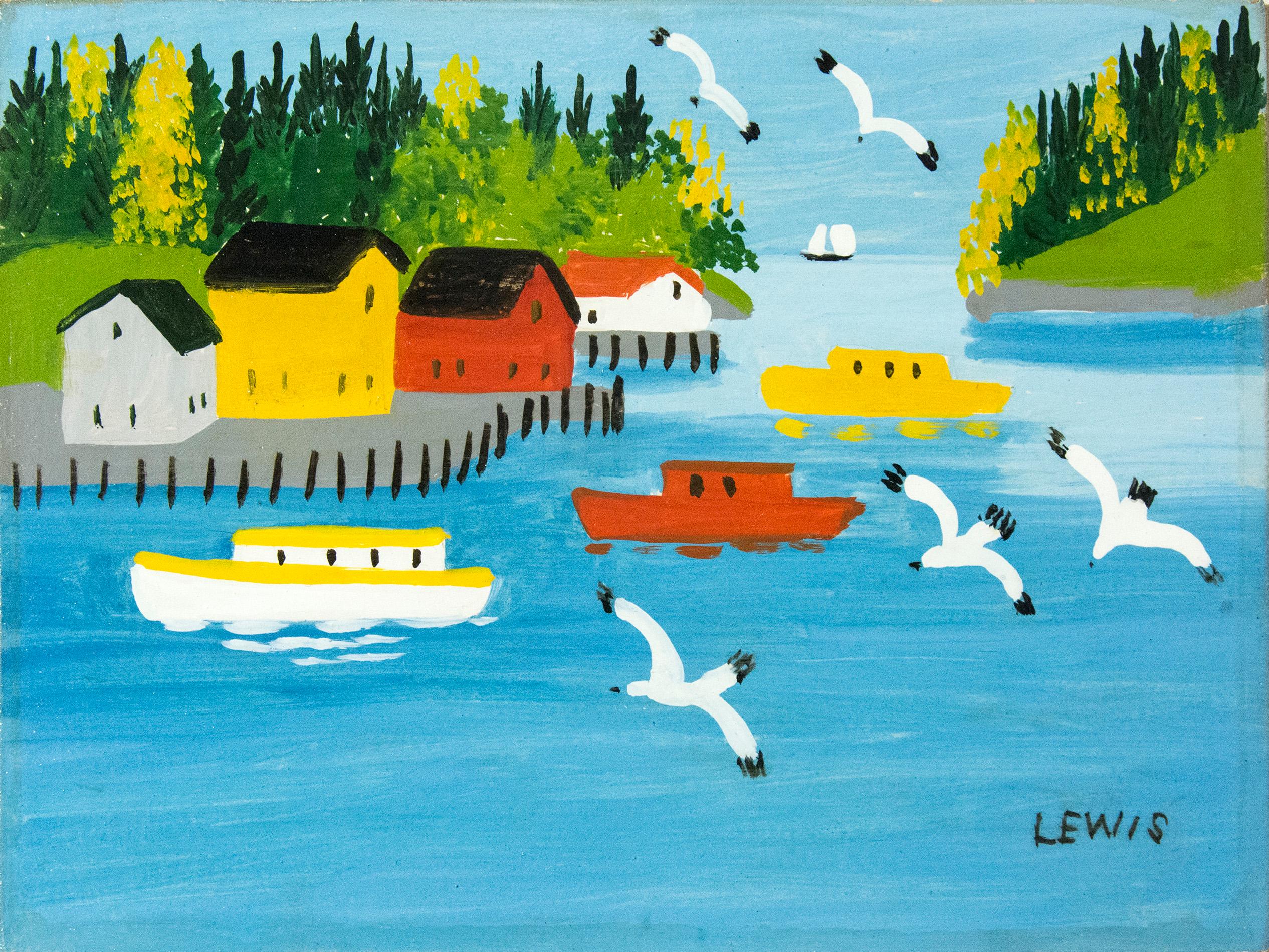 Maud Lewis Landscape Painting - Boats at Sandy Cove