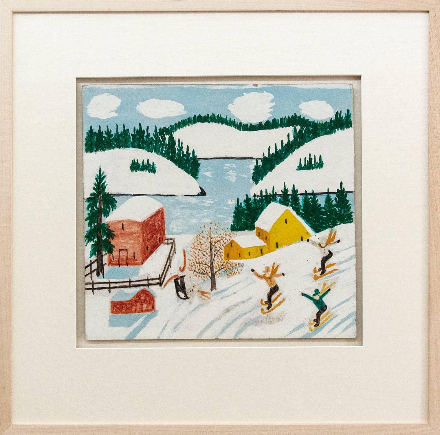 Children Skiing - Painting by Maud Lewis