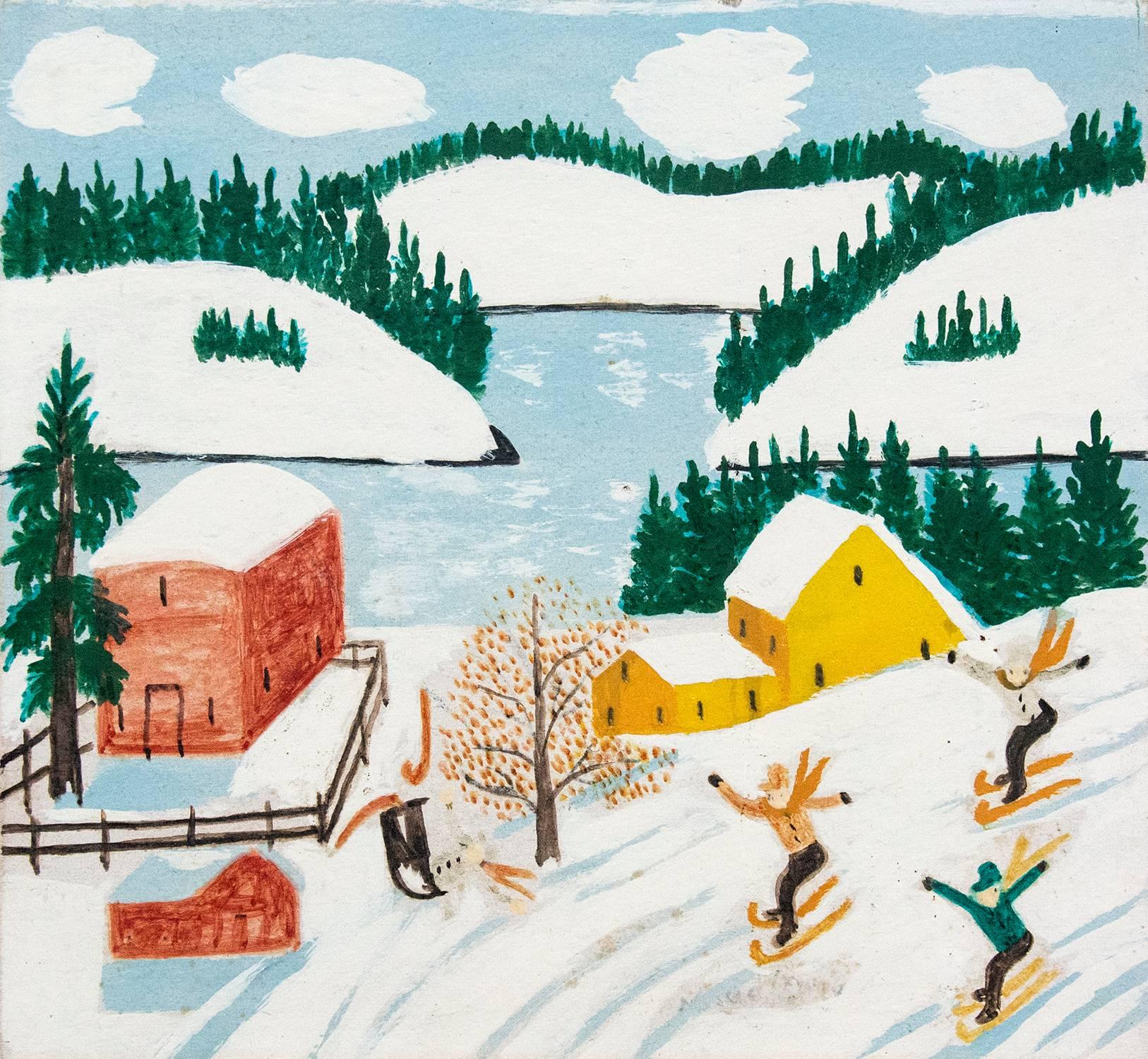 Maud Lewis Landscape Painting - Children Skiing