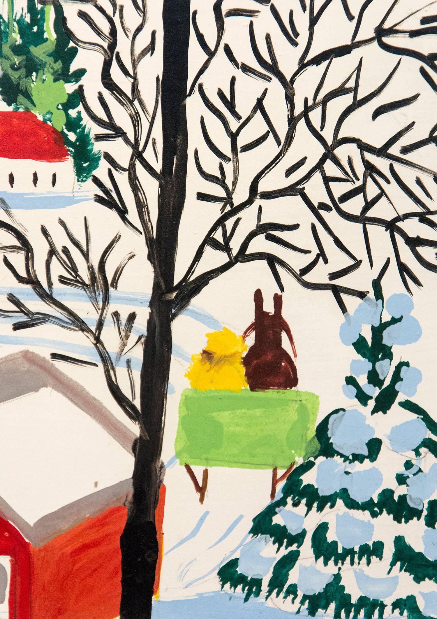 Three horse drawn sleighs pass through a covered bridge towards a village in this delightful winter scene by folk artist Maud Lewis. Lewis’s paintings are filled with joy and depict her surroundings with humor and affection. This painting is signed