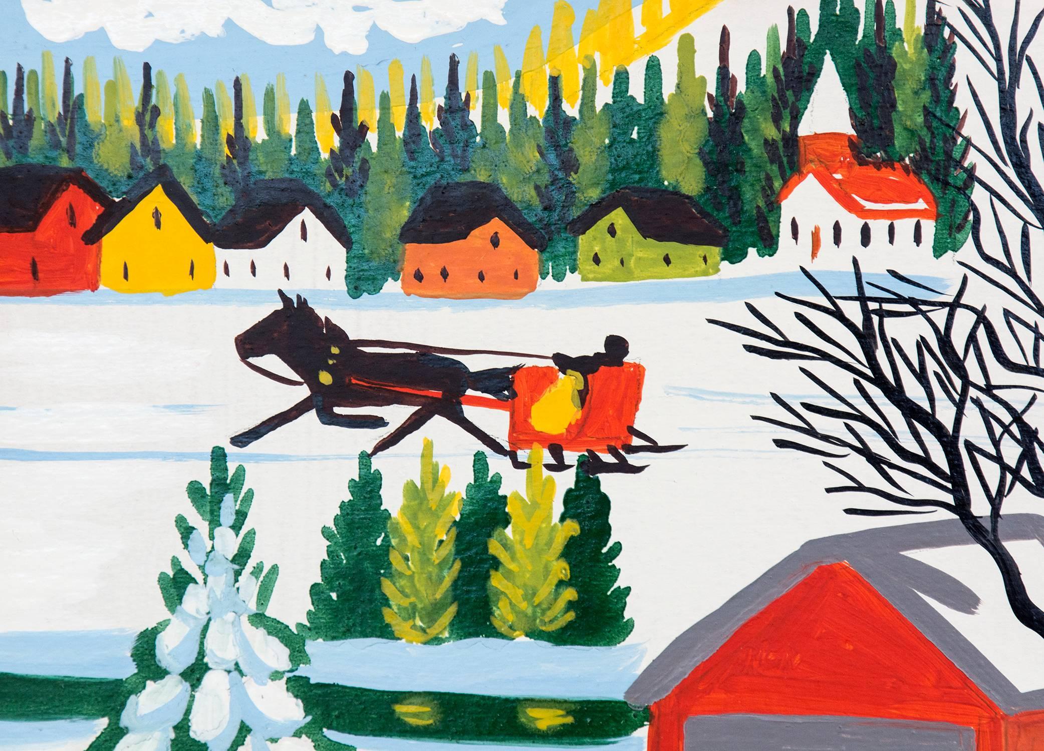 Covered Bridge in Winter - Painting by Maud Lewis