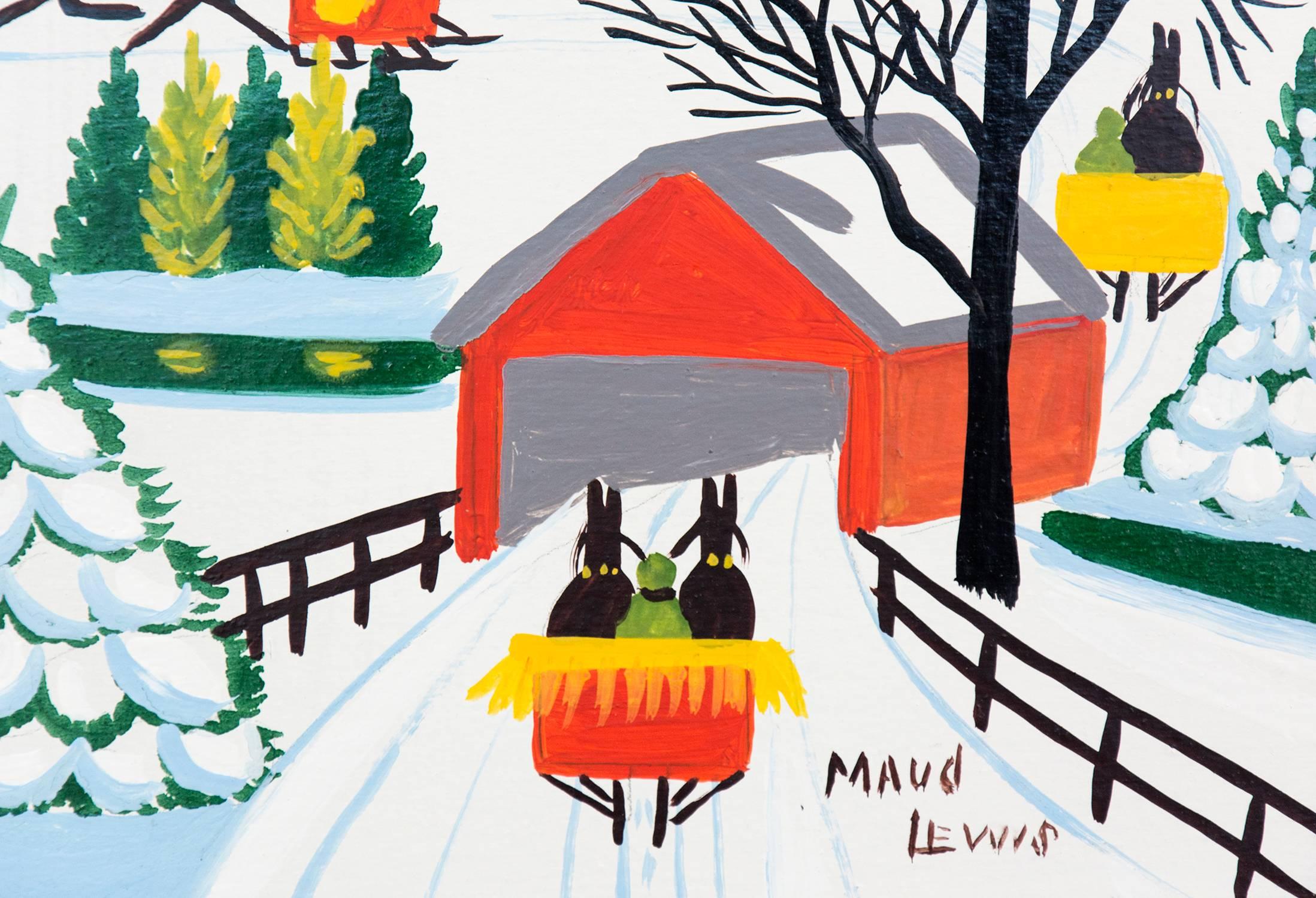 Covered Bridge in Winter - Folk Art Painting by Maud Lewis