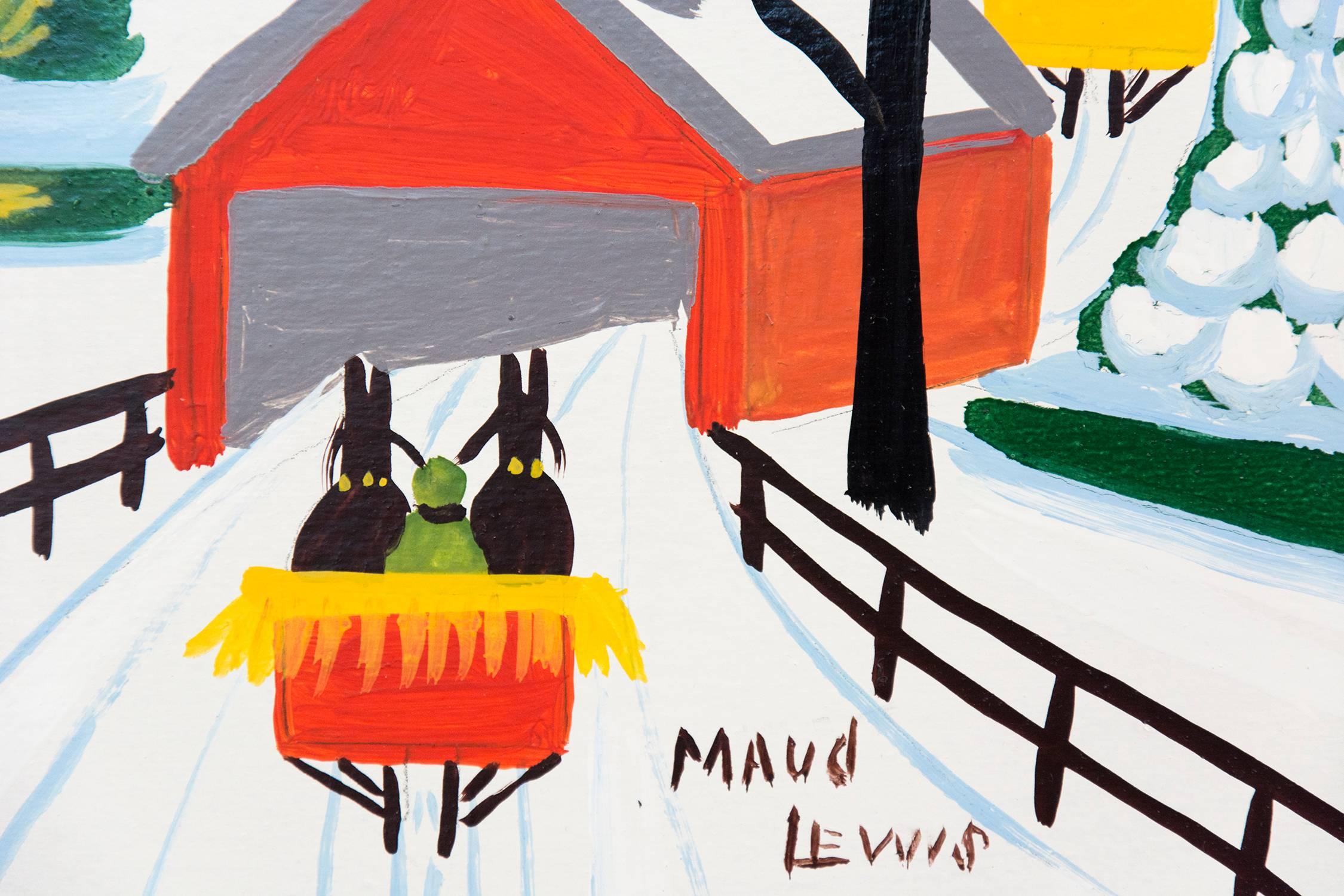 Covered Bridge in Winter - Beige Landscape Painting by Maud Lewis