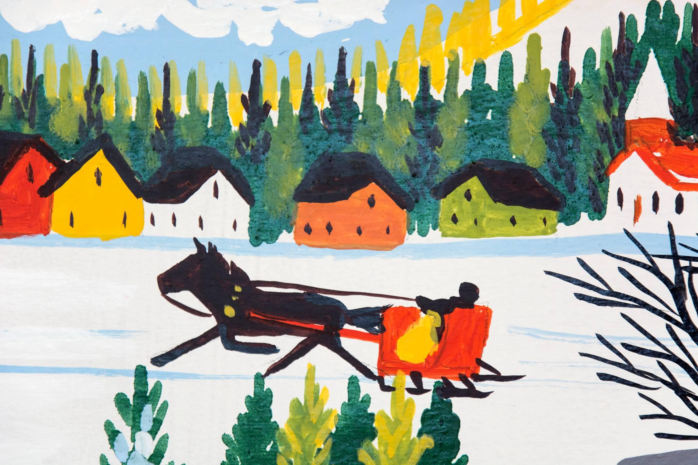 Three horse drawn sleighs pass through a covered bridge towards a brightly colored village in this delightful winter scene by folk artist Maud Lewis. This painting is signed and framed without glass. Framed dimensions are 13.25 x 15.25